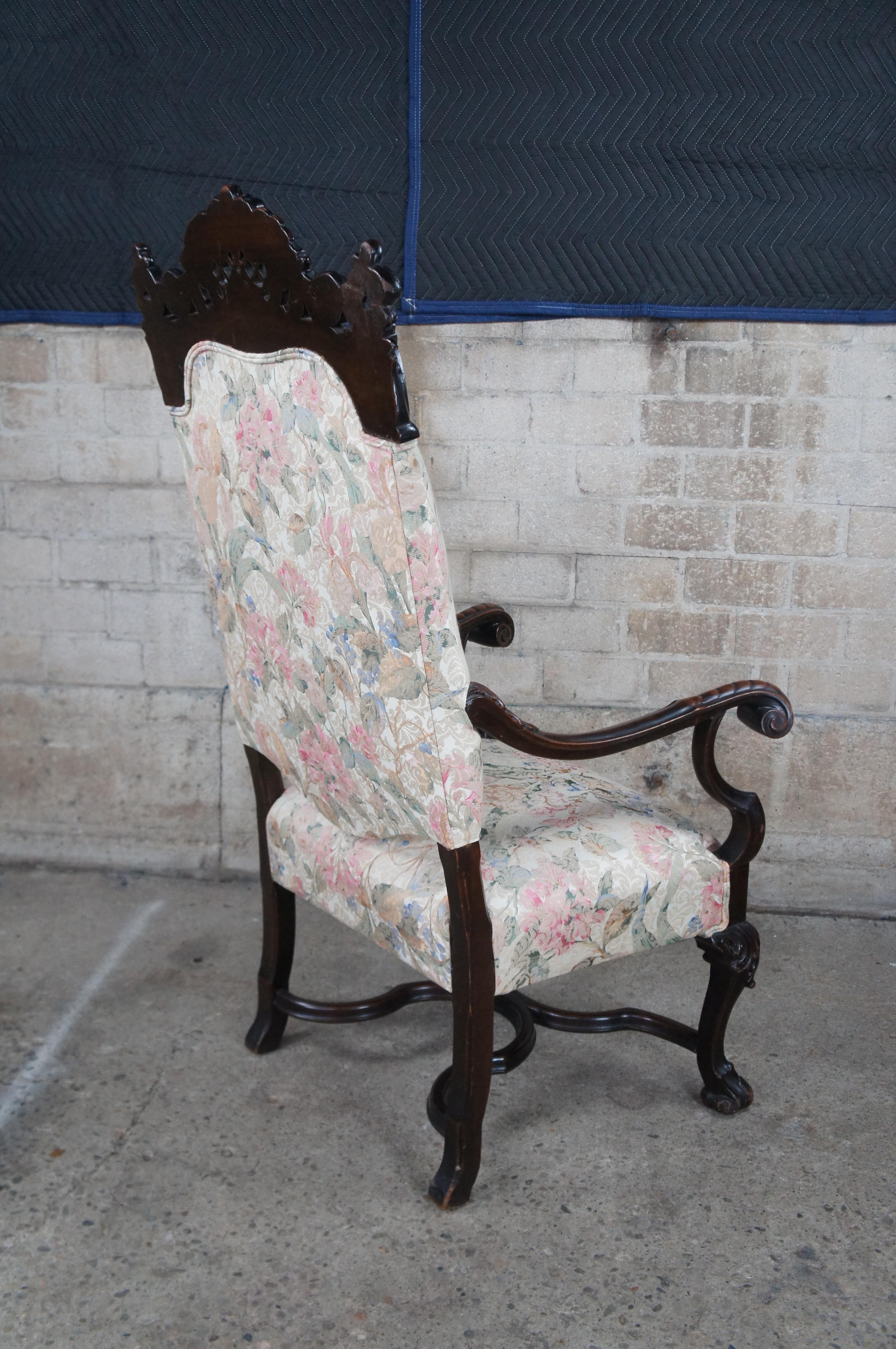 Antique French Baroque Carved Walnut Upholstered Throne Arm Chair For Sale 6