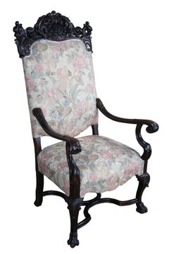 Antique French Baroque Carved Walnut Upholstered Throne Arm Chair