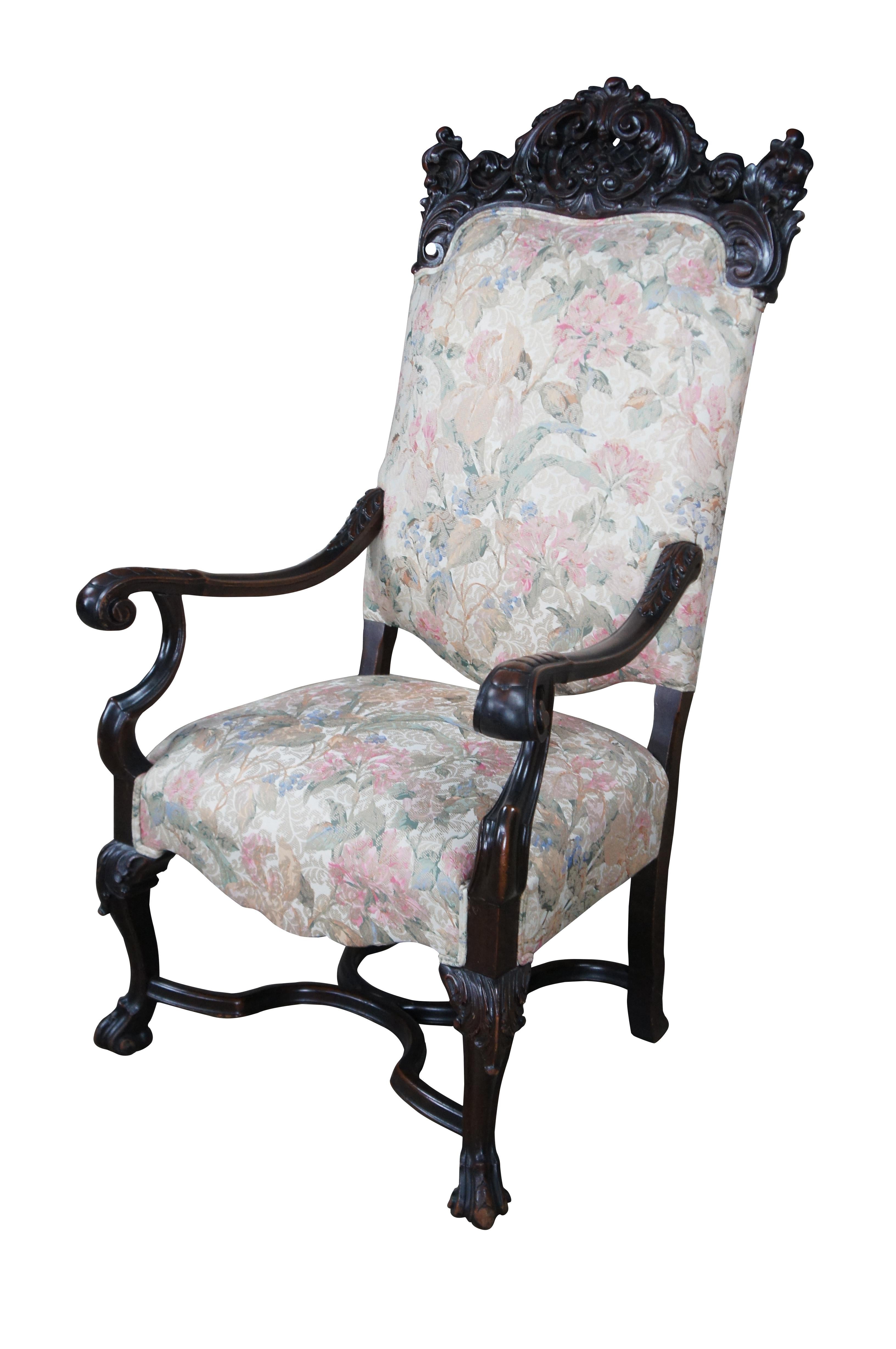 Antique French Baroque Carved Walnut Upholstered Throne Arm Chair In Good Condition For Sale In Dayton, OH