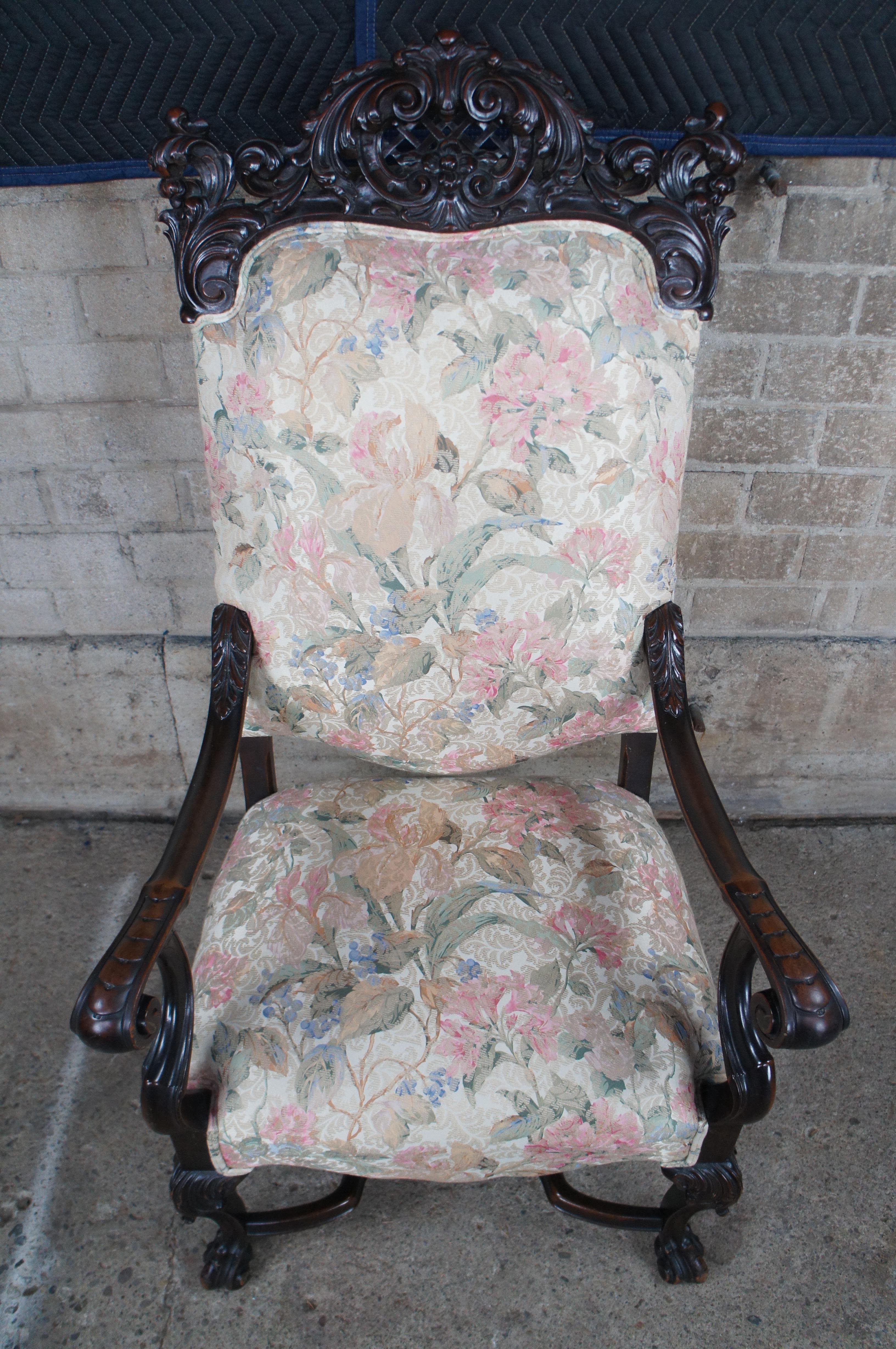 Upholstery Antique French Baroque Carved Walnut Upholstered Throne Arm Chair For Sale
