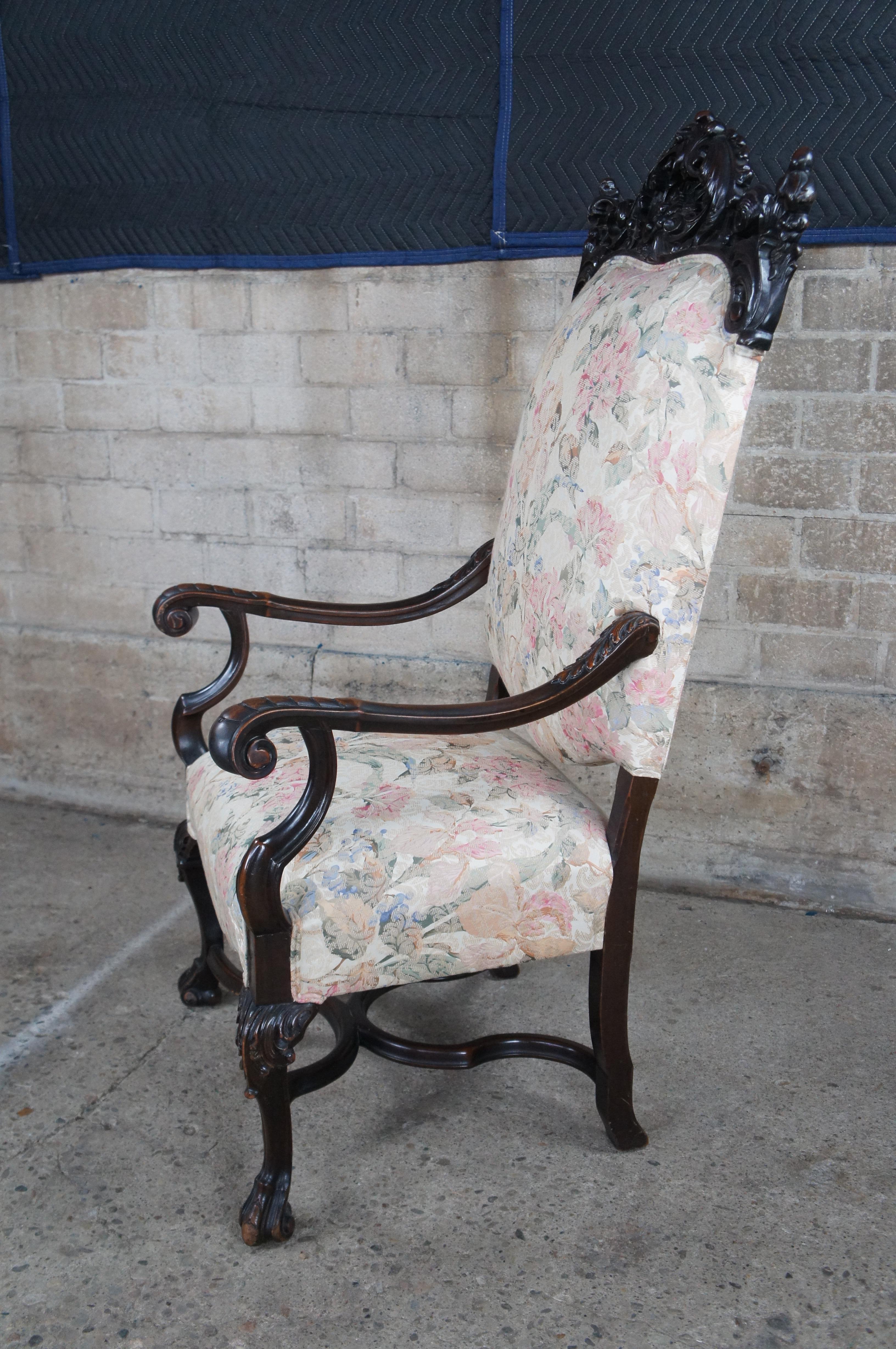 Antique French Baroque Carved Walnut Upholstered Throne Arm Chair For Sale 3