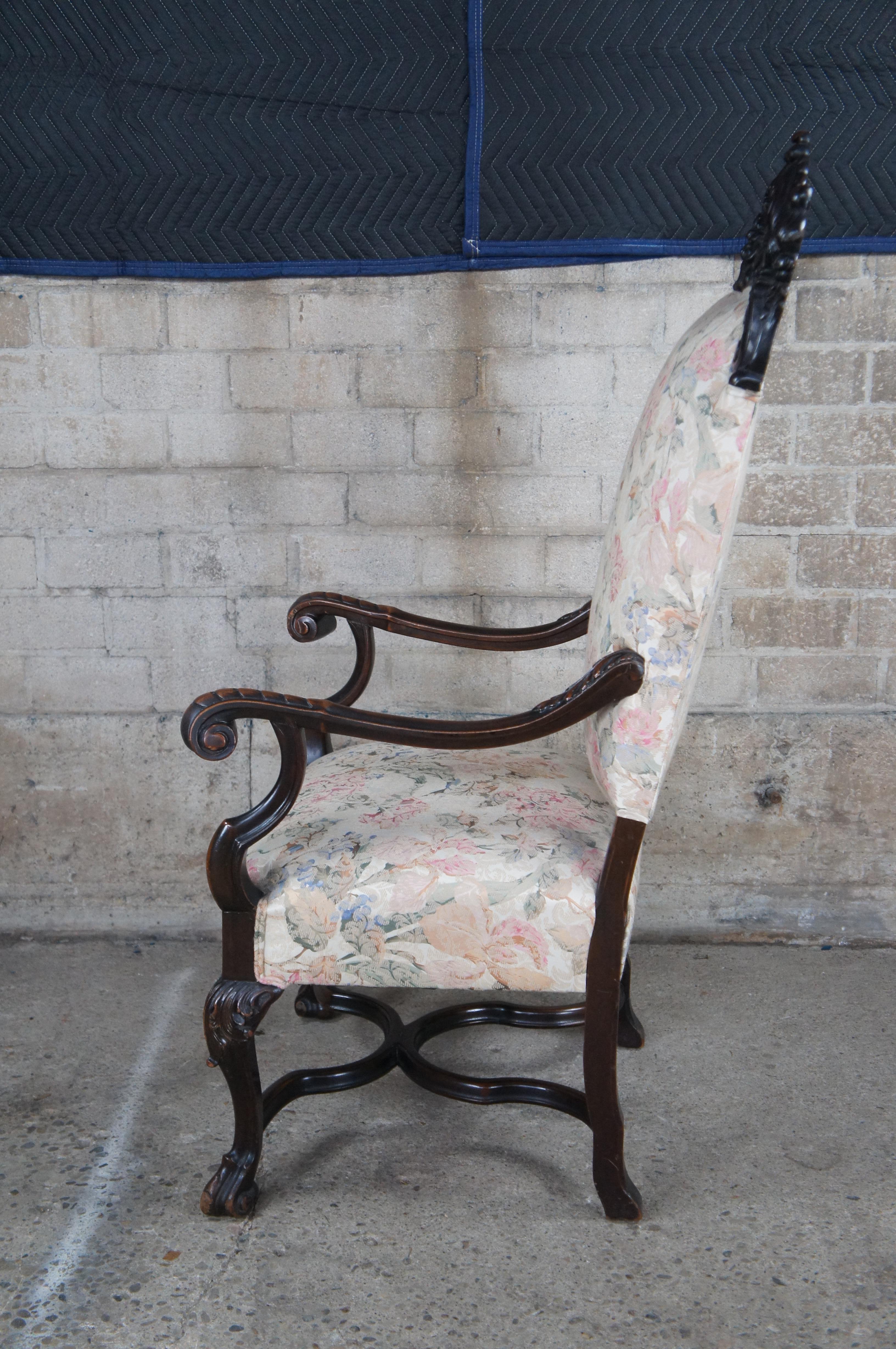 Antique French Baroque Carved Walnut Upholstered Throne Arm Chair For Sale 4