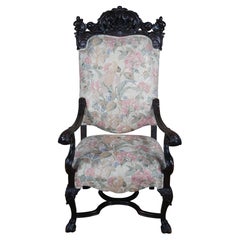 Antique French Baroque Carved Walnut Upholstered Throne Arm Chair 