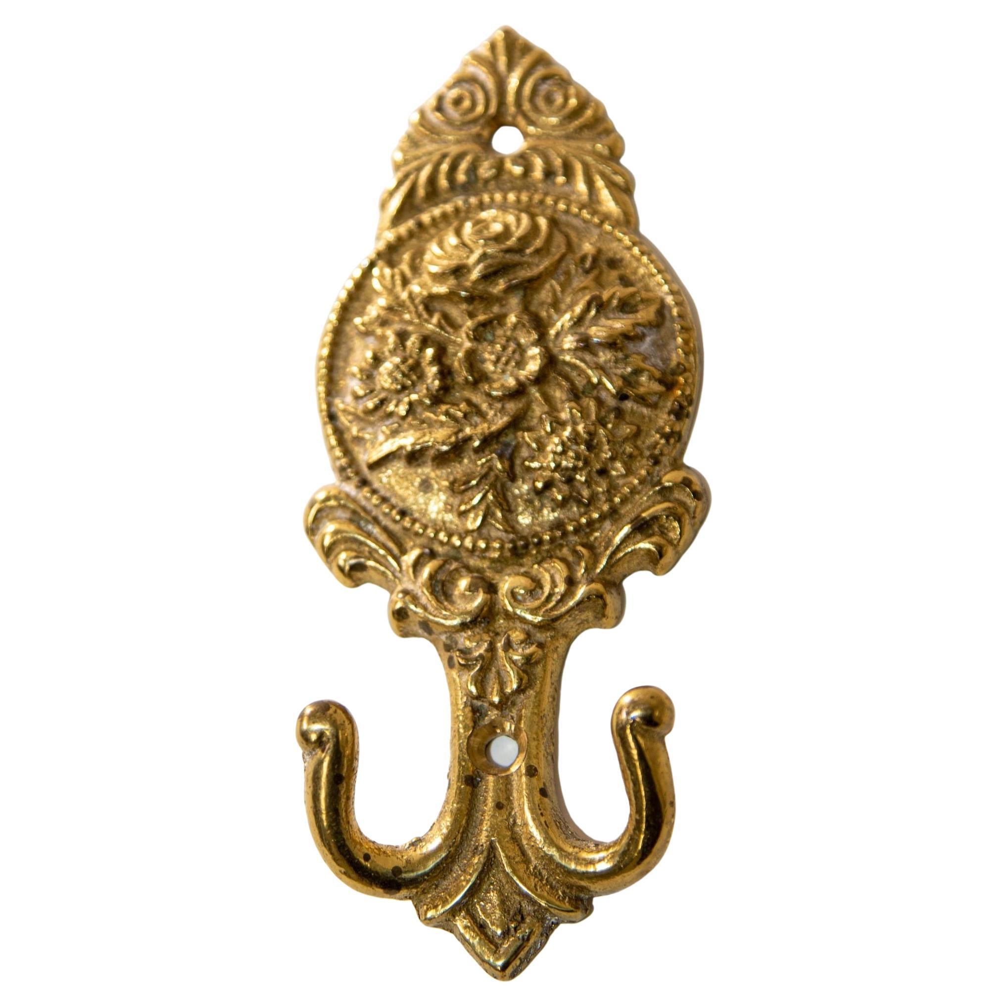 Antique French Baroque Cast Brass Floral Wall Hook Decor