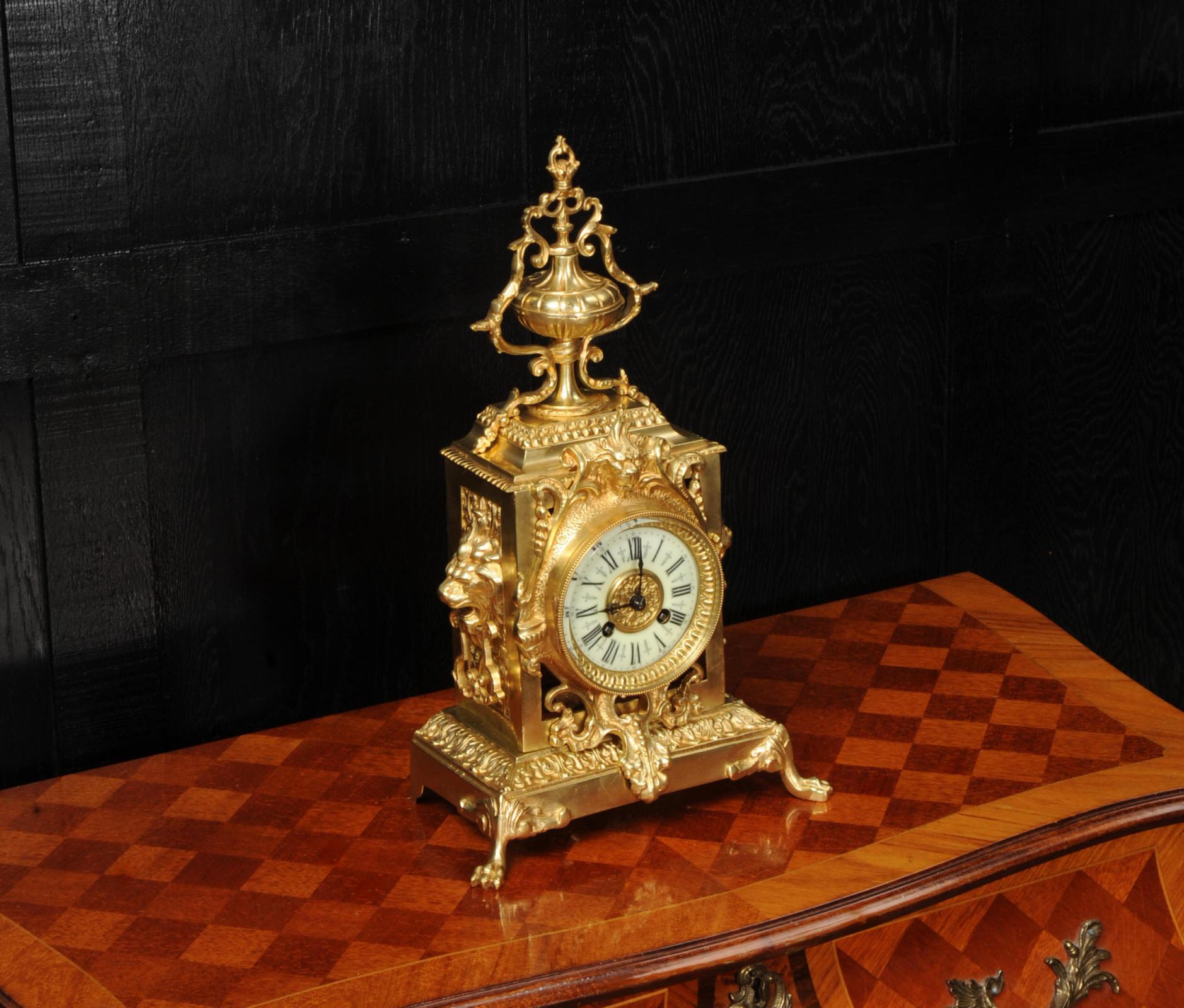 Antique French Baroque Gilt Bronze Clock, Lions Masks 6