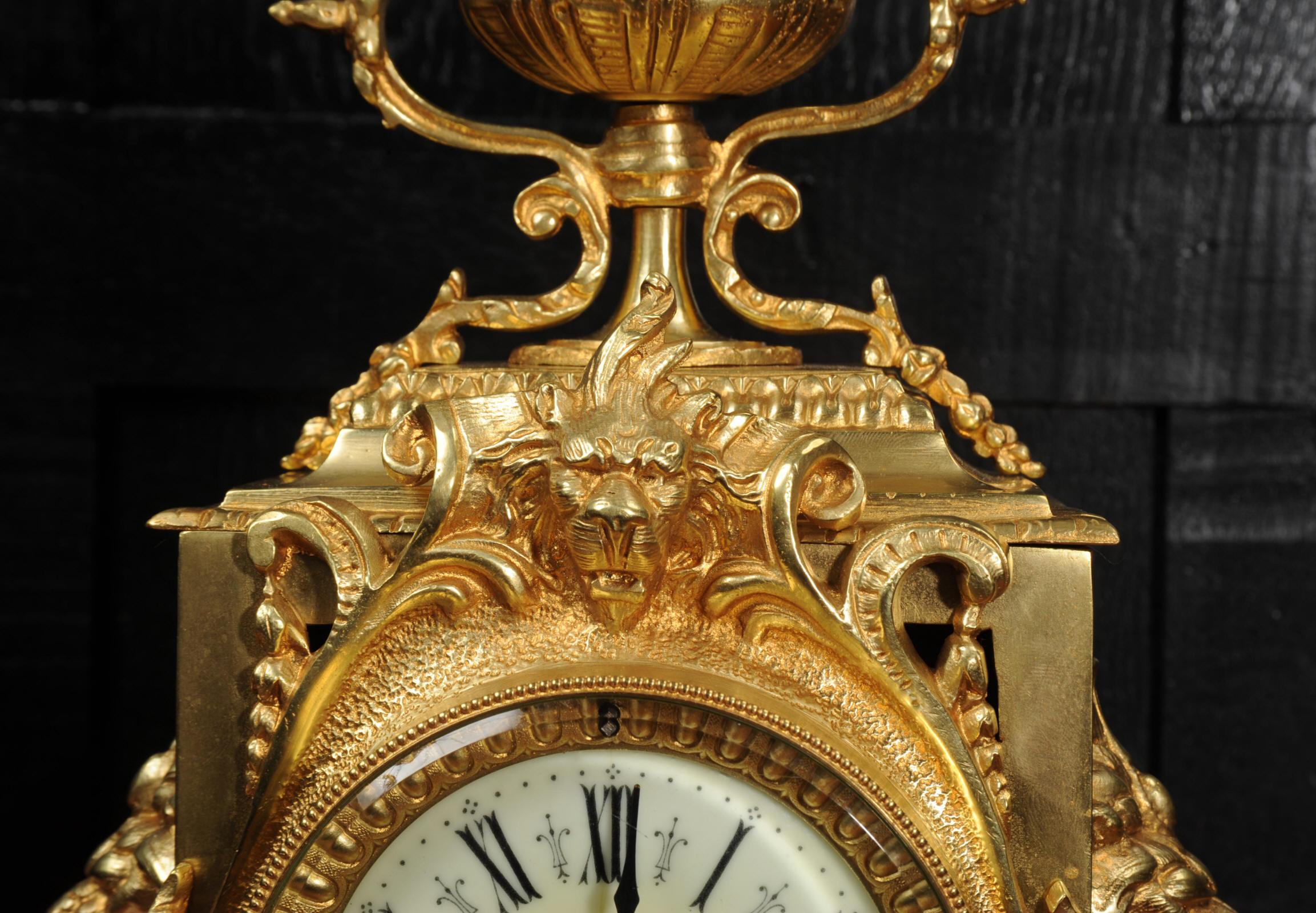Antique French Baroque Gilt Bronze Clock, Lions Masks 10
