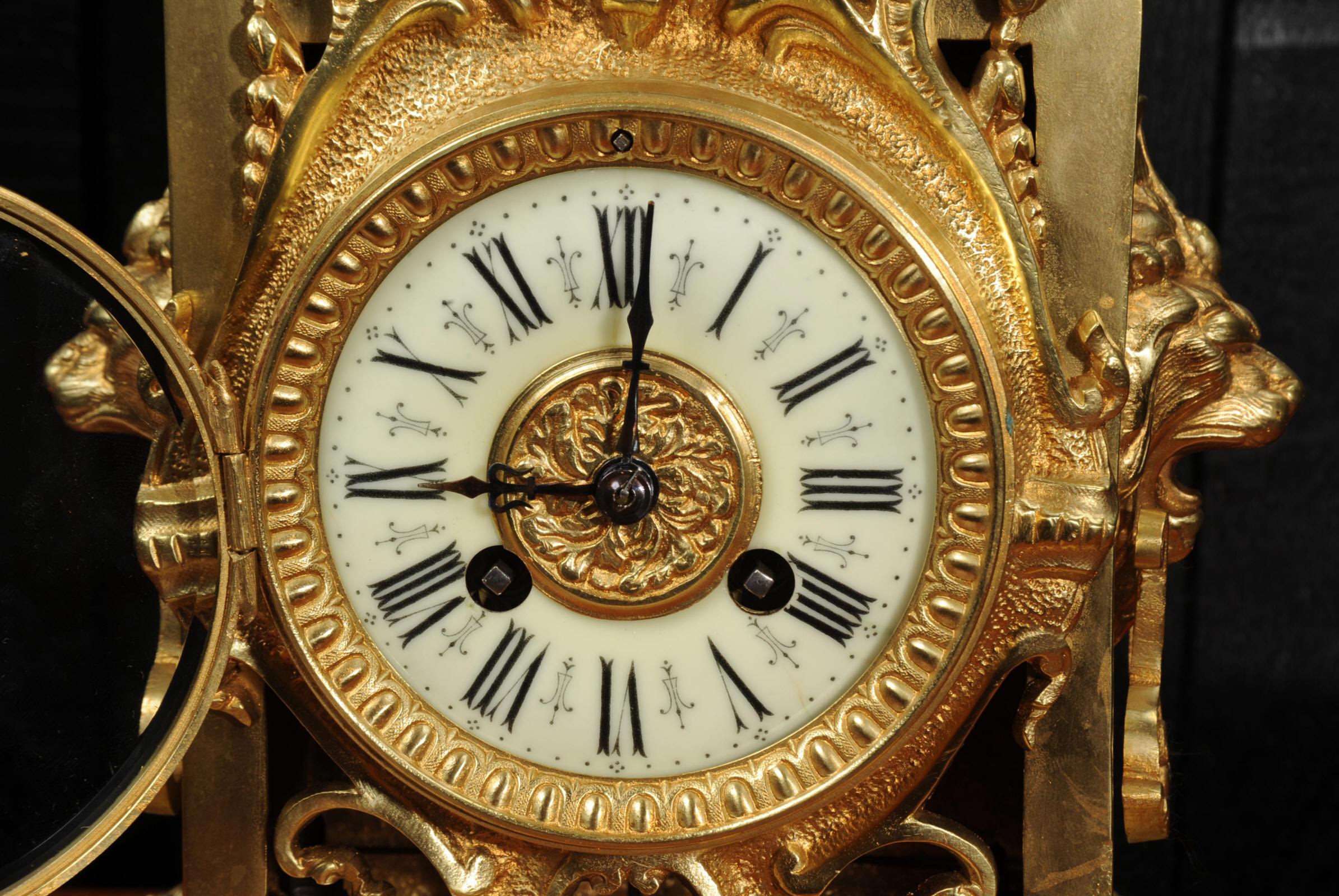 Antique French Baroque Gilt Bronze Clock, Lions Masks 11