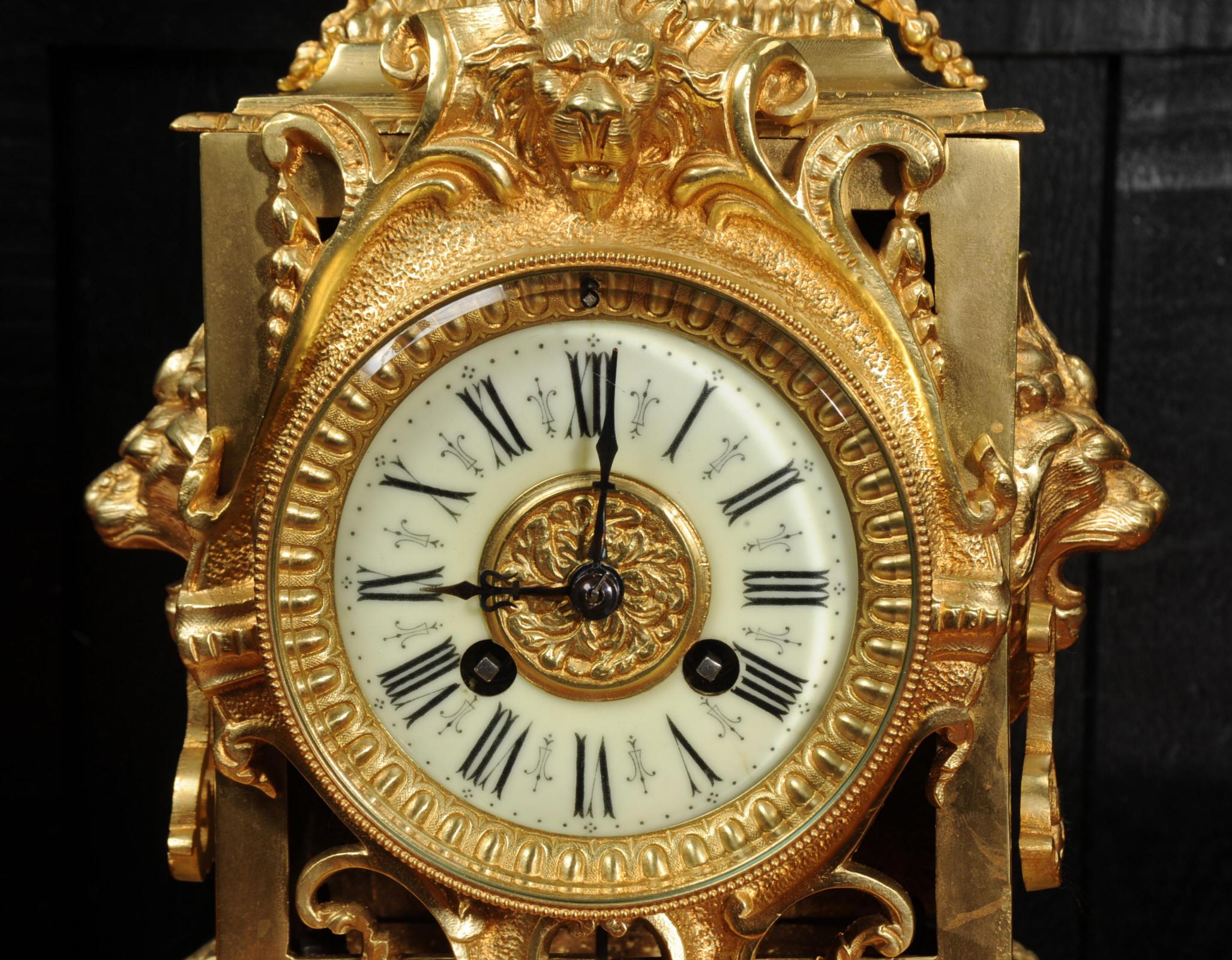 Antique French Baroque Gilt Bronze Clock, Lions Masks 12