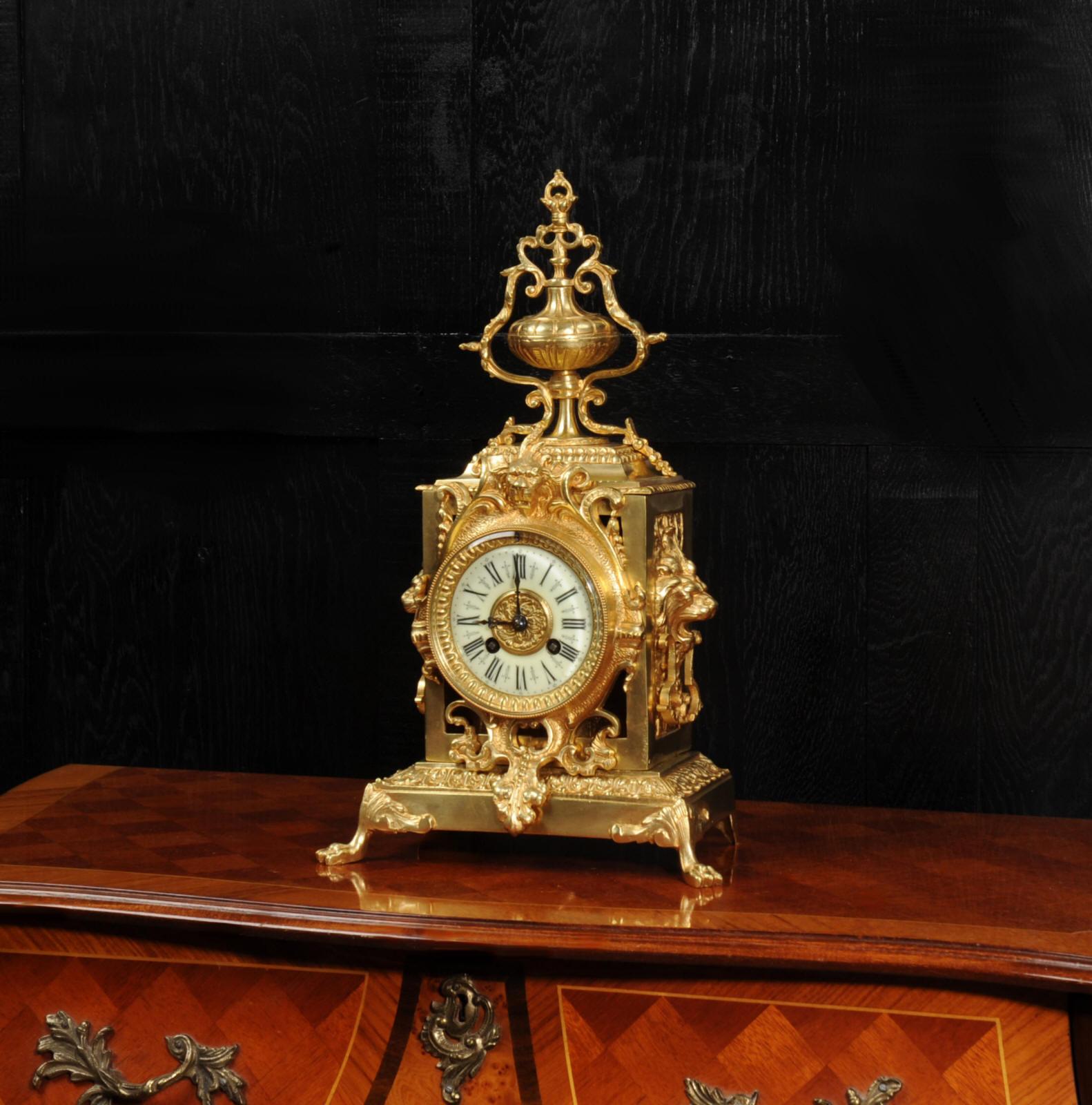 Antique French Baroque Gilt Bronze Clock, Lions Masks In Good Condition In Belper, Derbyshire