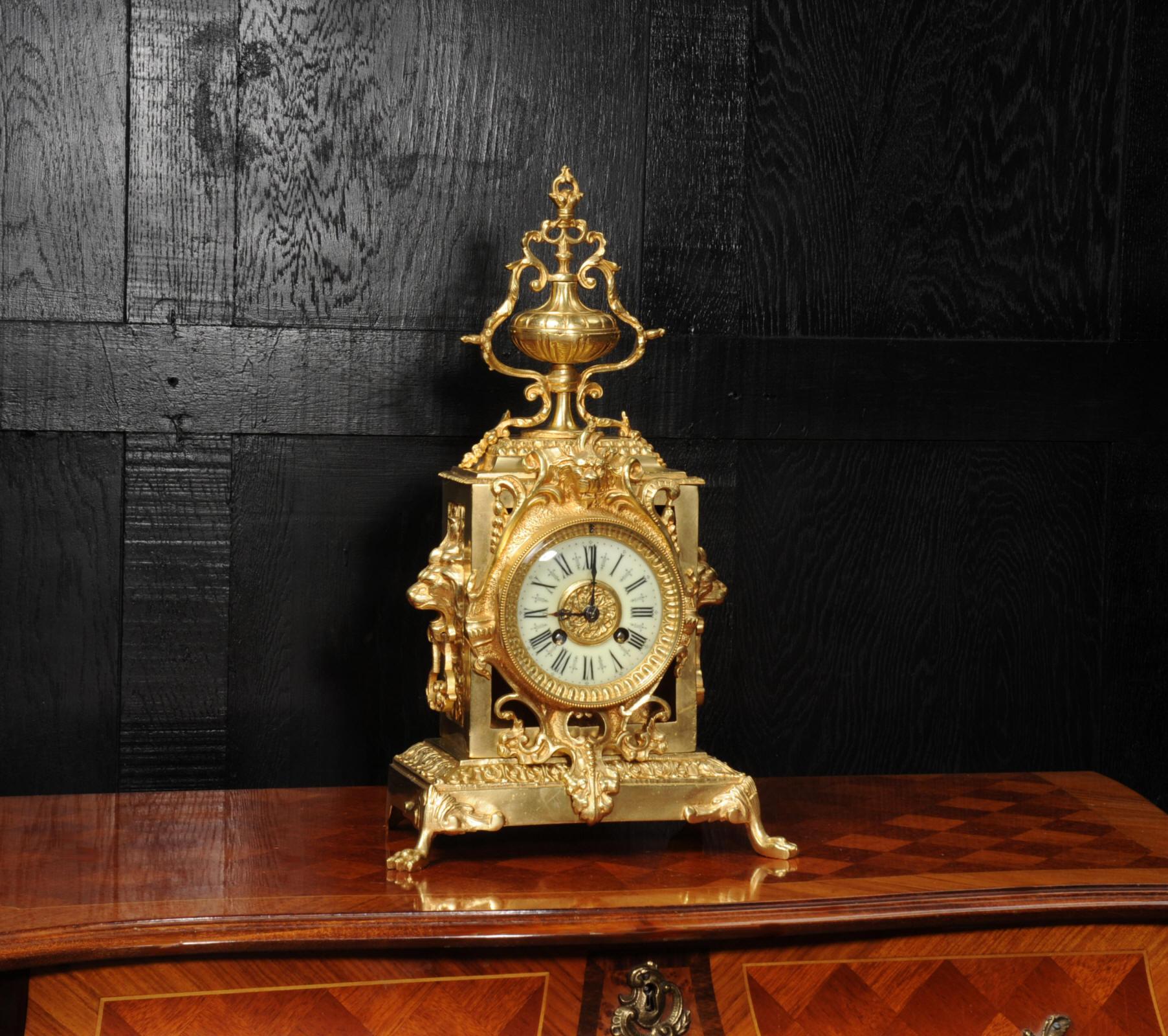 19th Century Antique French Baroque Gilt Bronze Clock, Lions Masks