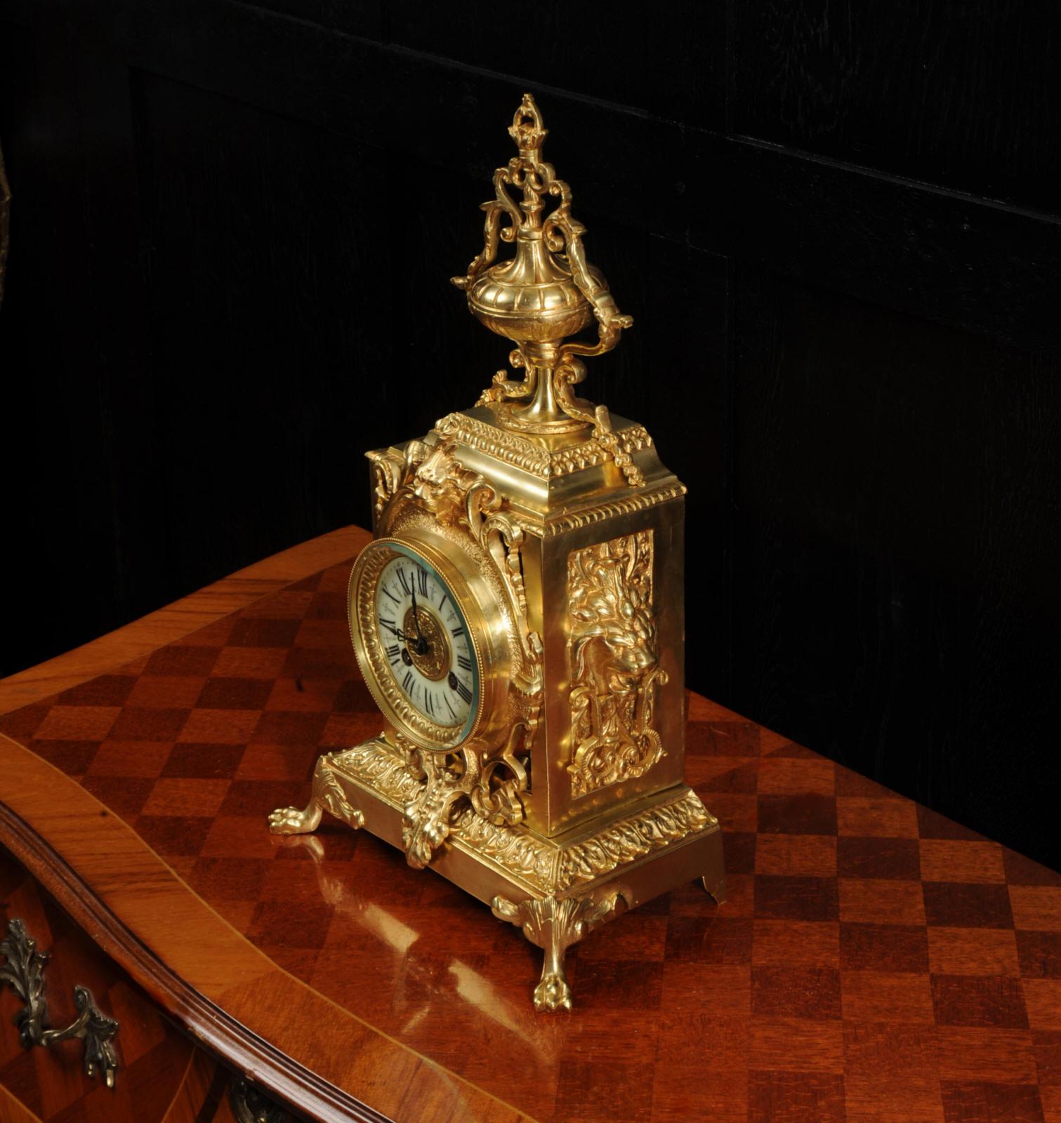 Antique French Baroque Gilt Bronze Clock, Lions Masks 1