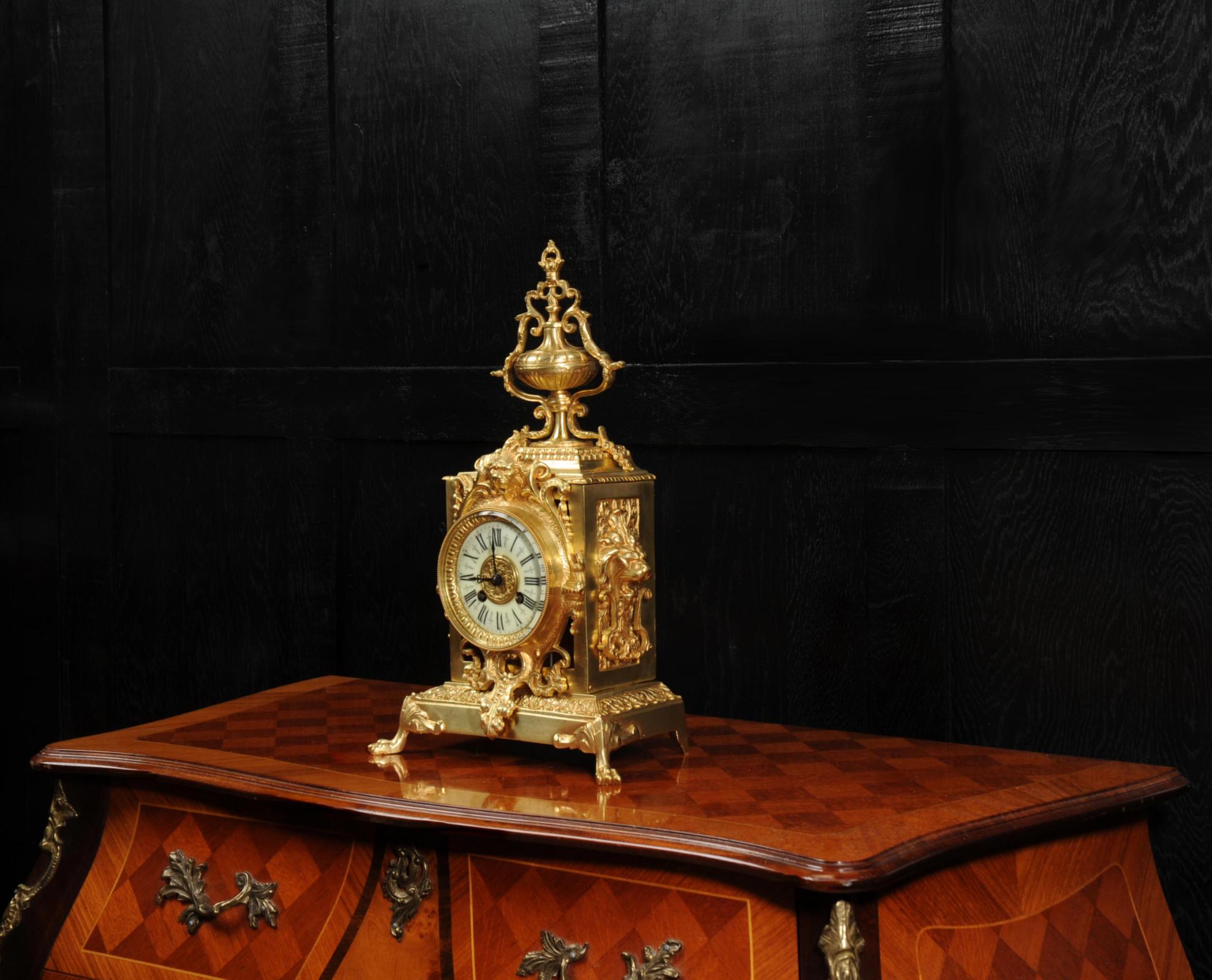 Antique French Baroque Gilt Bronze Clock, Lions Masks 2