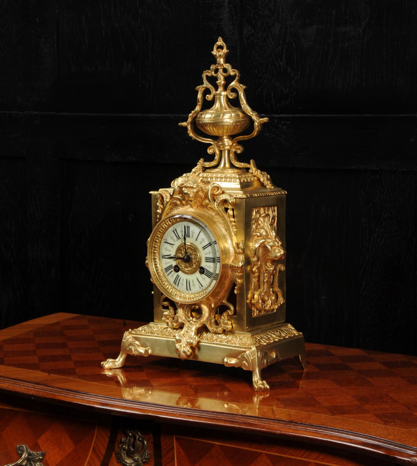 Antique French Baroque Gilt Bronze Clock, Lions Masks 3