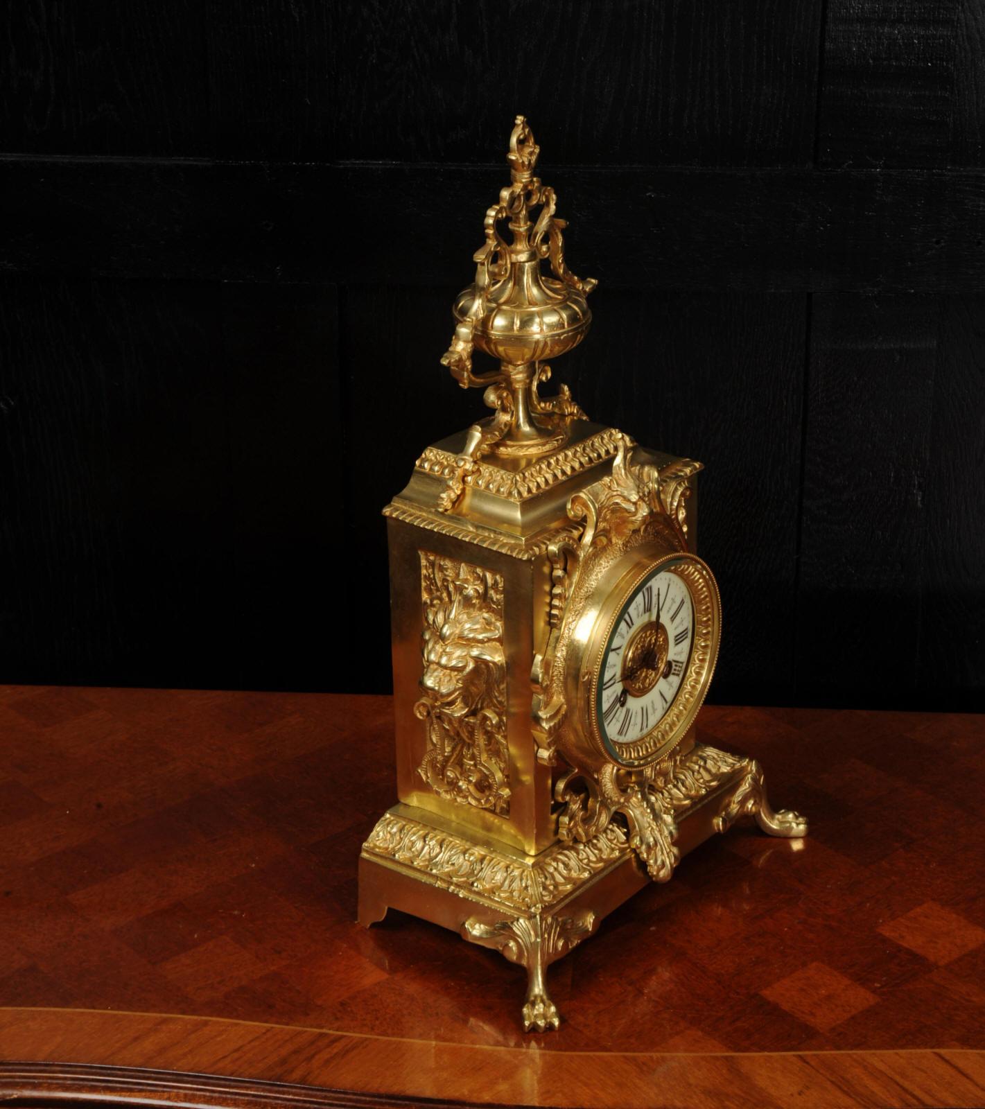 Antique French Baroque Gilt Bronze Clock, Lions Masks 5