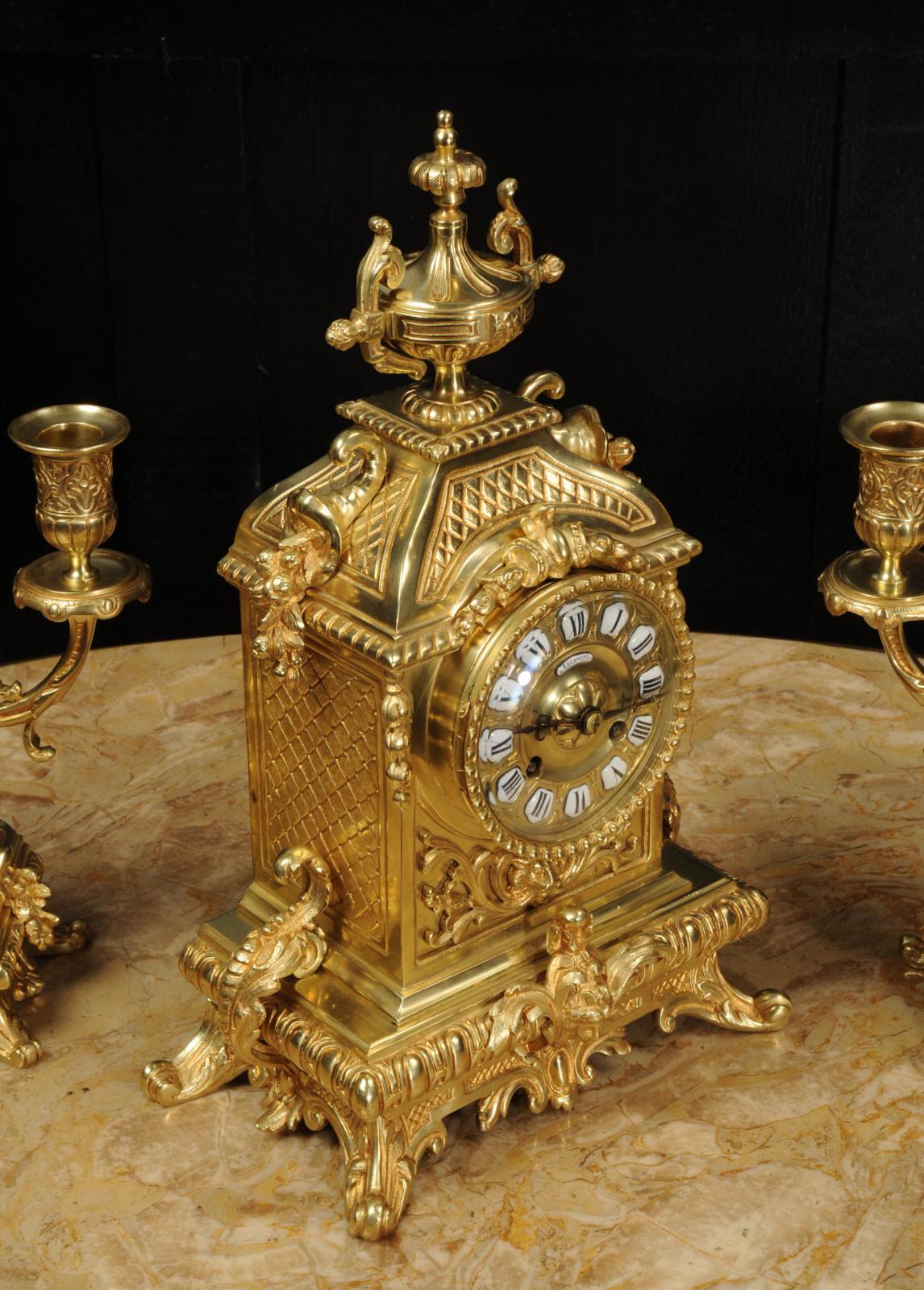 Antique French Baroque Gilt Bronze Clock Set by Japy Freres 7