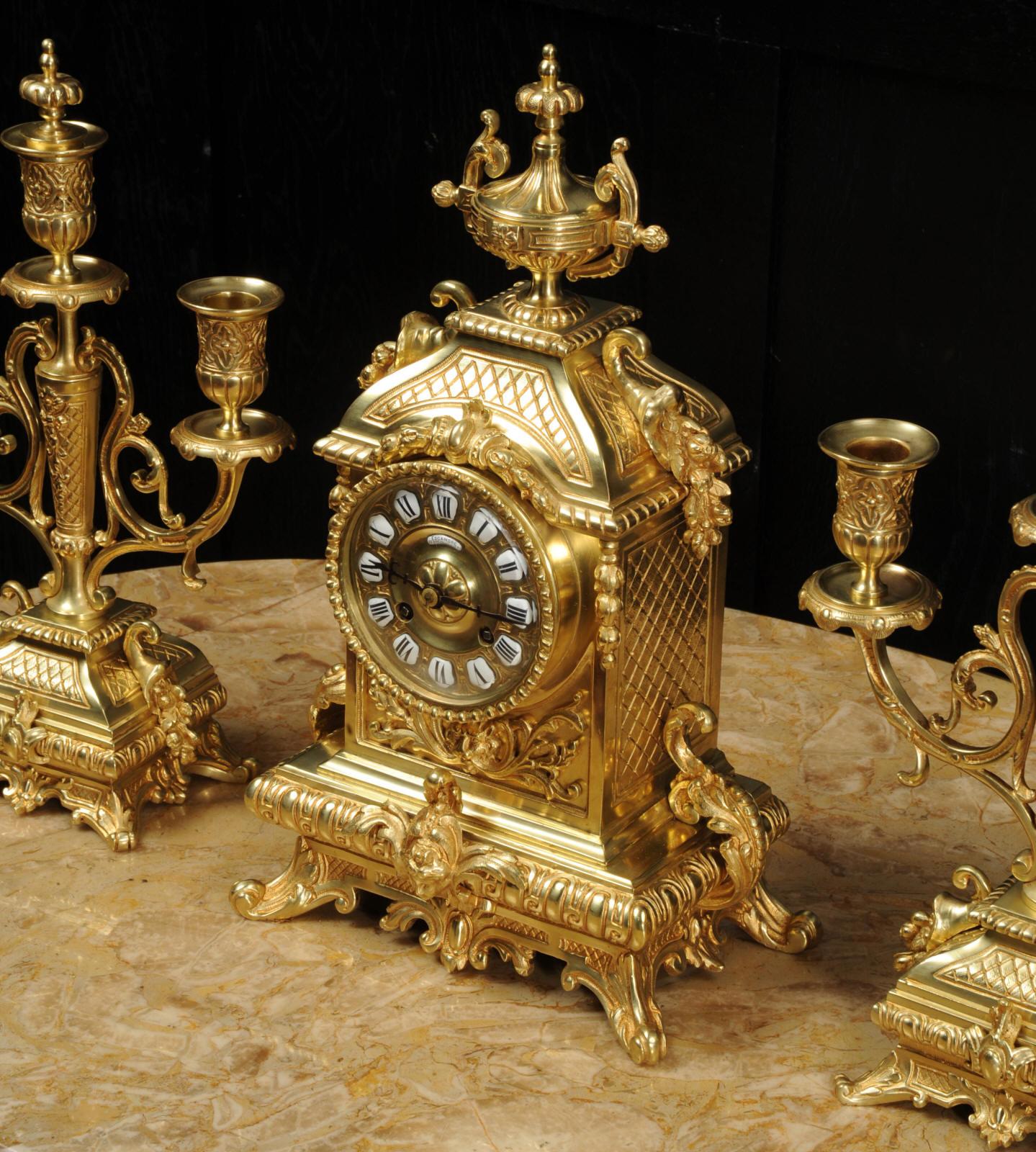 Antique French Baroque Gilt Bronze Clock Set by Japy Freres 8