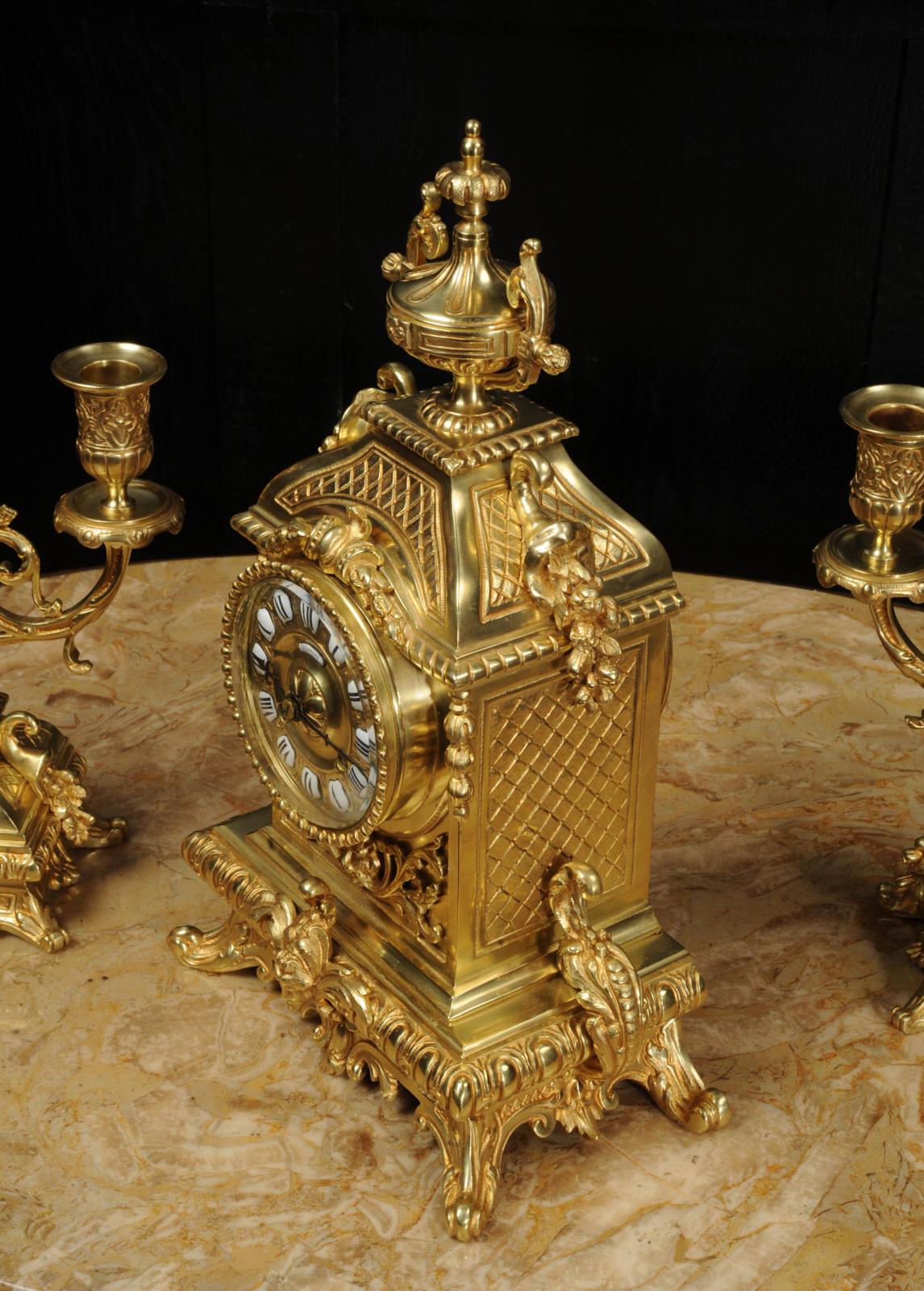 Antique French Baroque Gilt Bronze Clock Set by Japy Freres 11