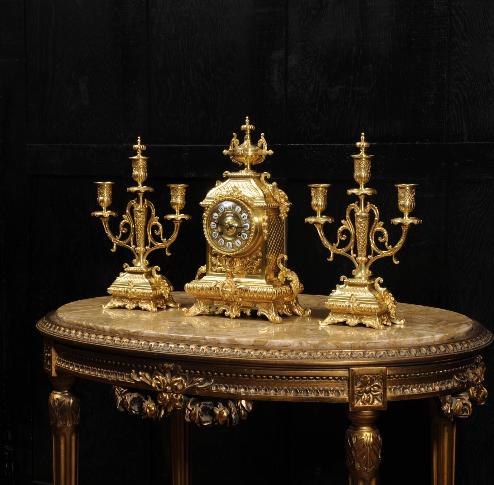 Antique French Baroque Gilt Bronze Clock Set by Japy Freres In Good Condition In Belper, Derbyshire
