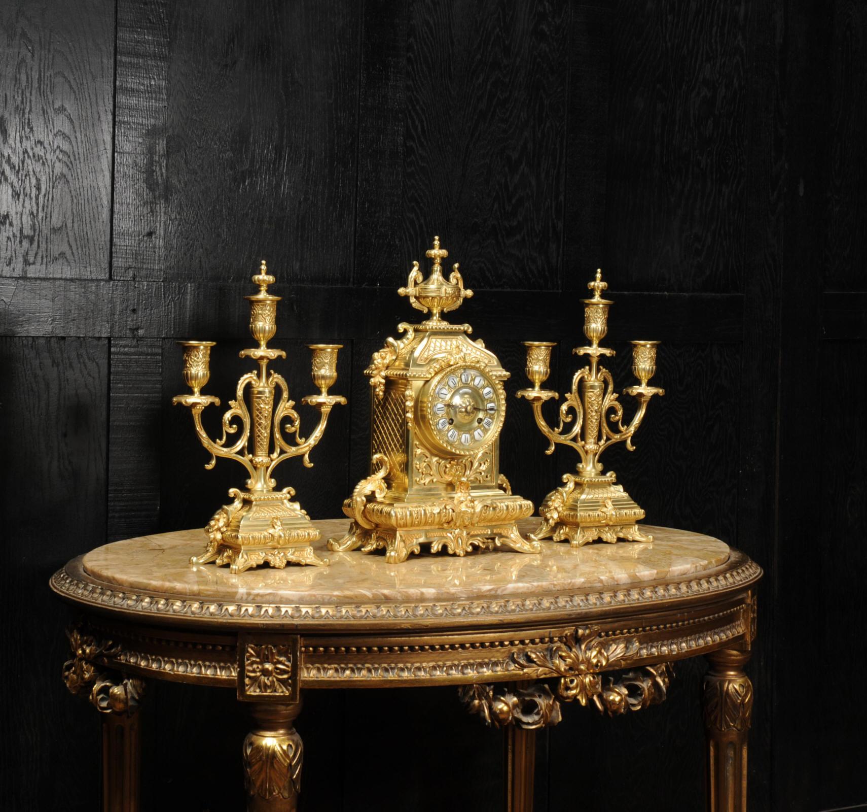 19th Century Antique French Baroque Gilt Bronze Clock Set by Japy Freres