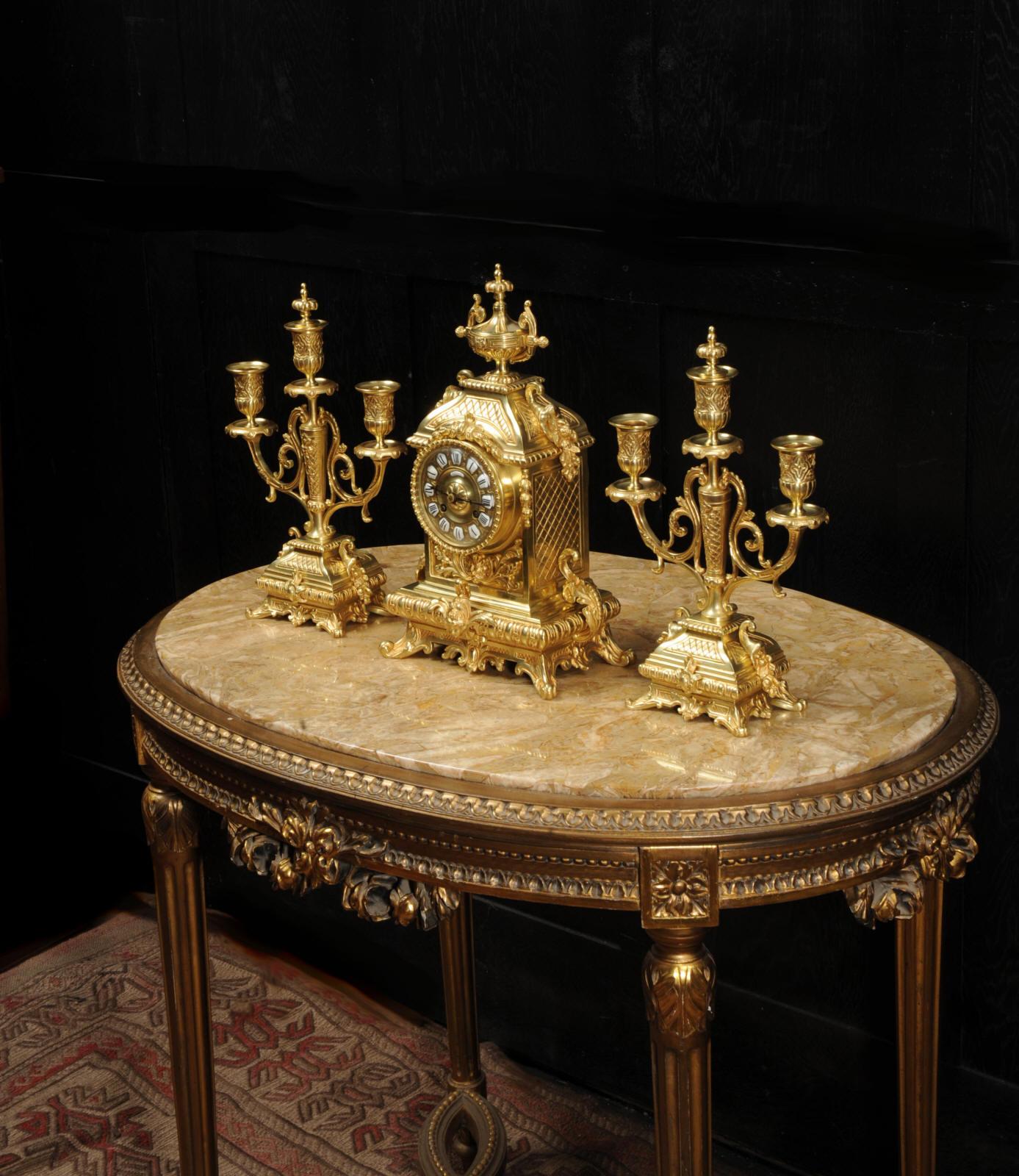 Antique French Baroque Gilt Bronze Clock Set by Japy Freres 1