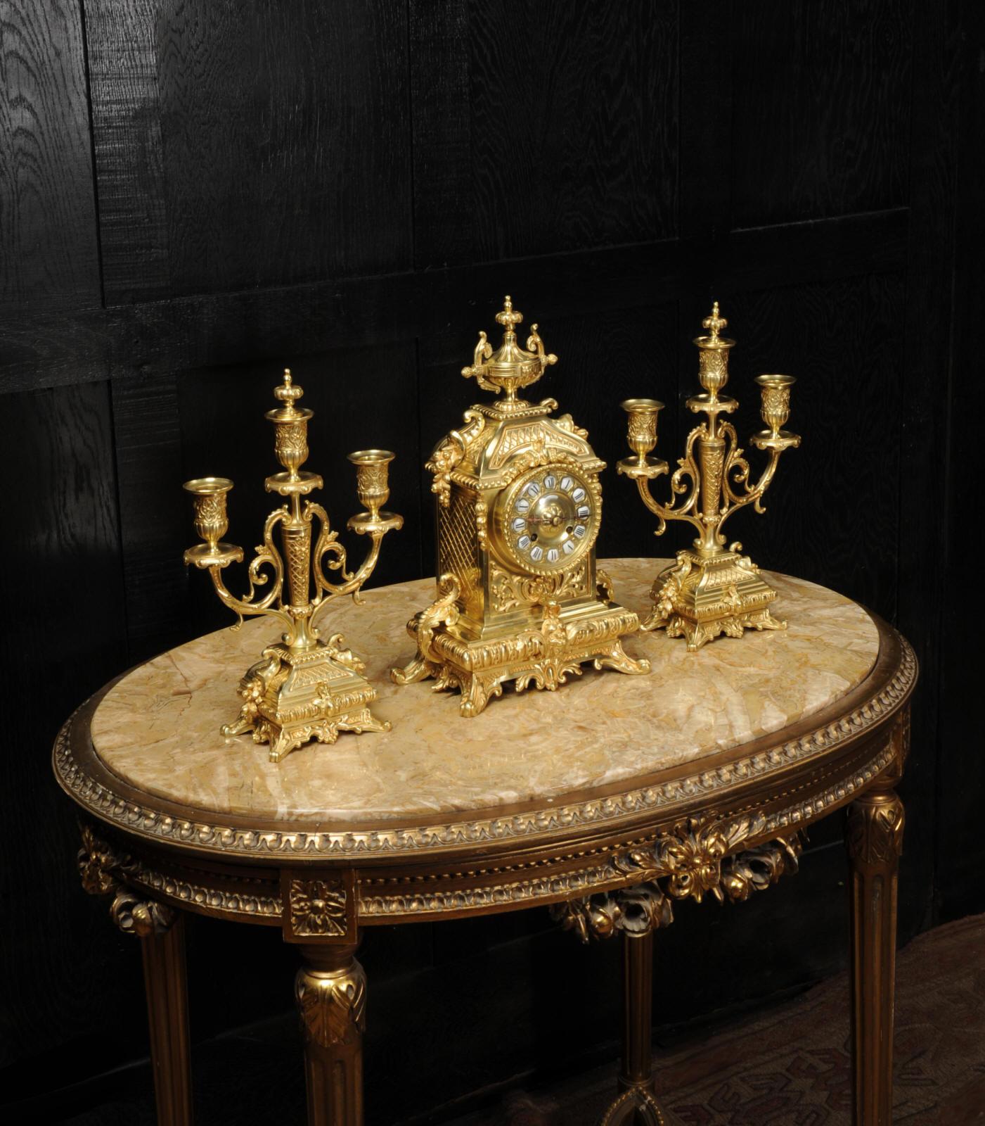 Antique French Baroque Gilt Bronze Clock Set by Japy Freres 4