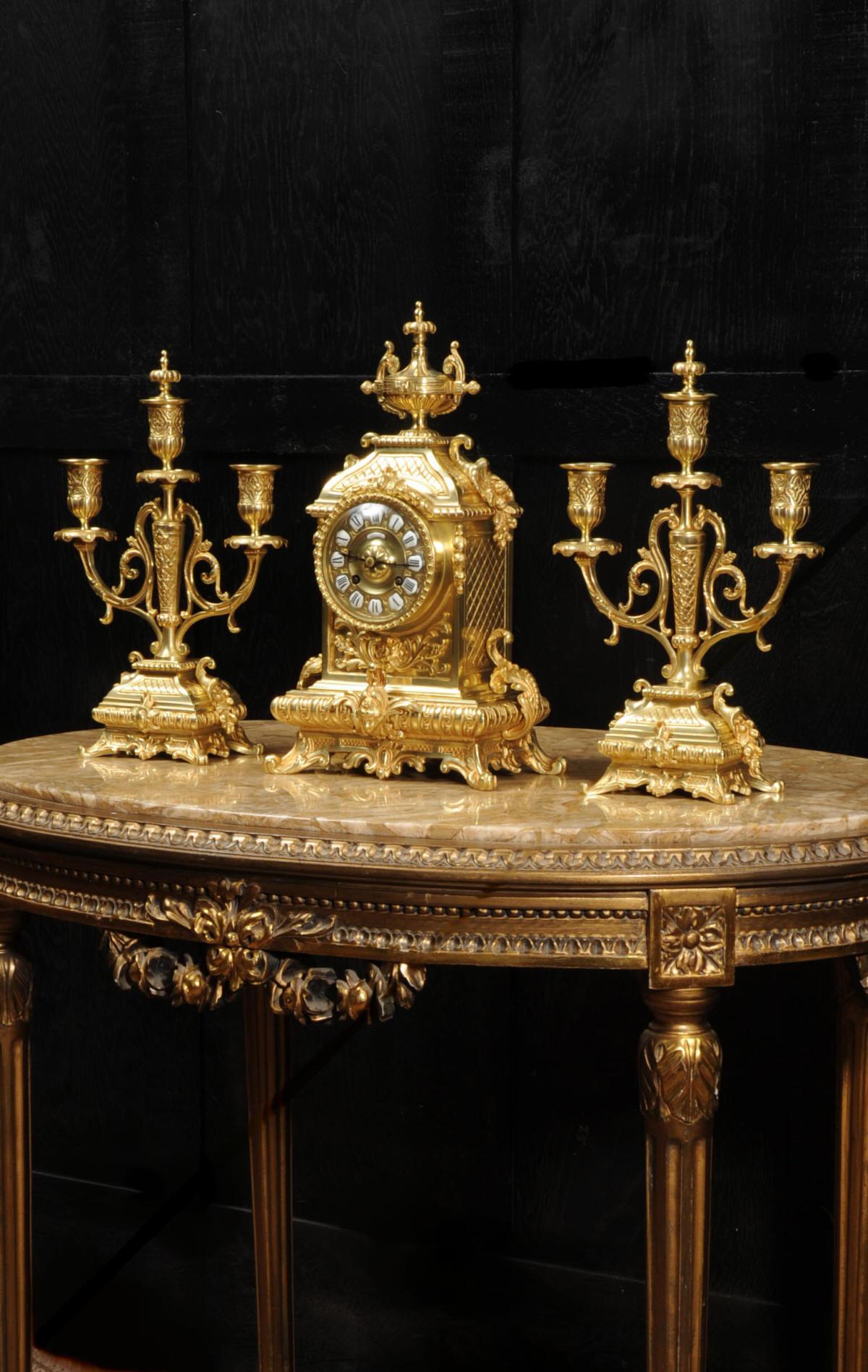 Antique French Baroque Gilt Bronze Clock Set by Japy Freres 5