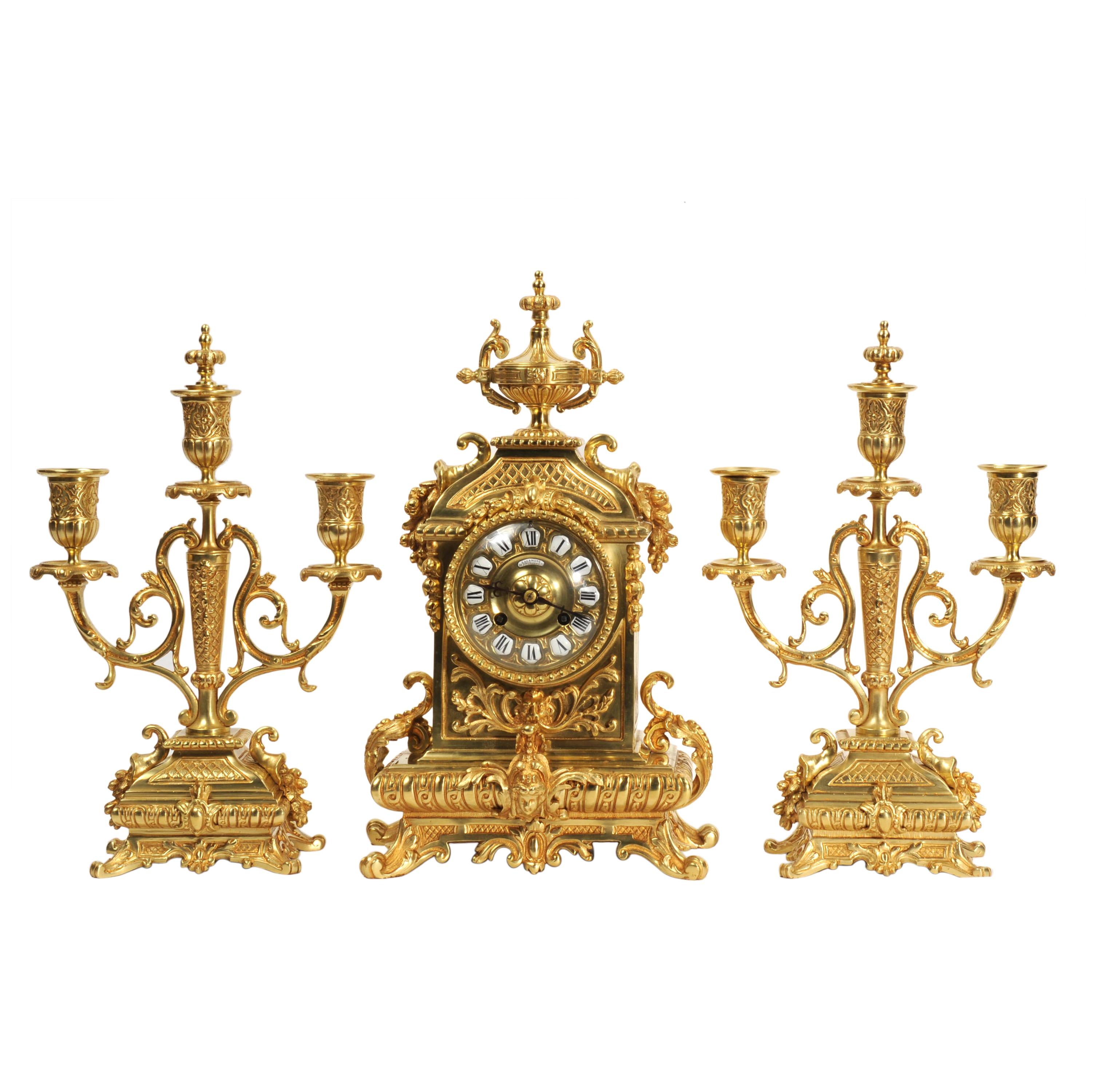 Antique French Baroque Gilt Bronze Clock Set by Japy Freres