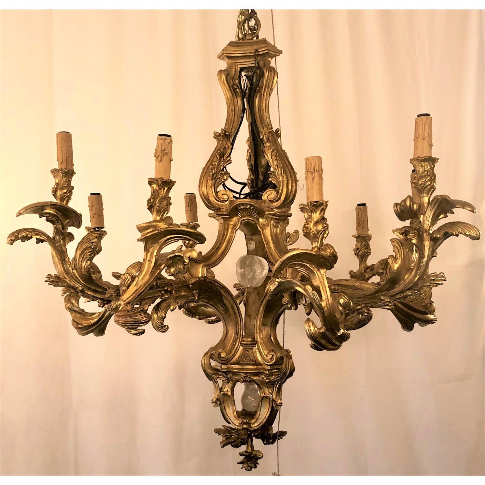 19th Century Antique French Baroque Giltwood and Rock Crystal 9-Light Chandelier