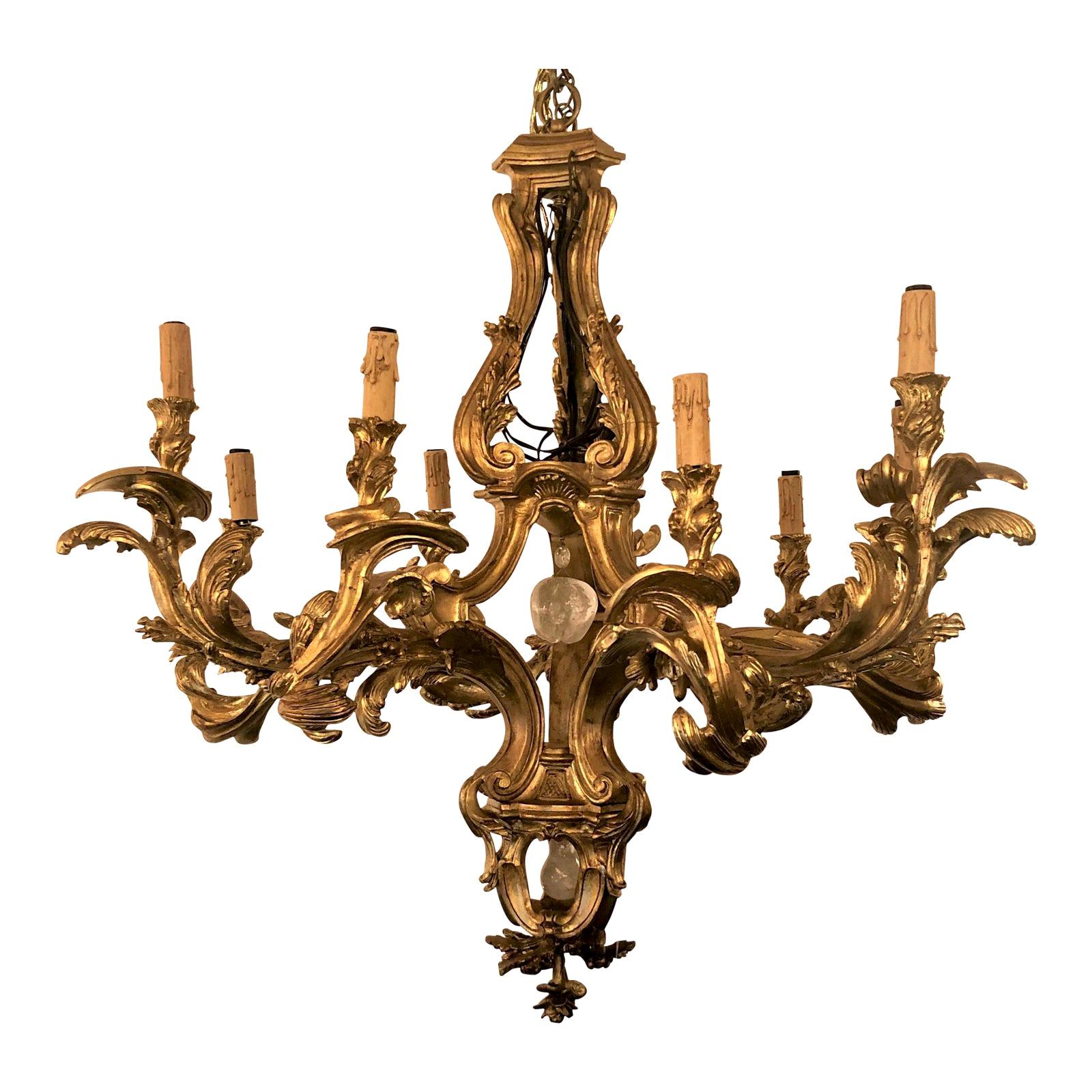 Antique French Baroque Giltwood and Rock Crystal 9-Light Chandelier