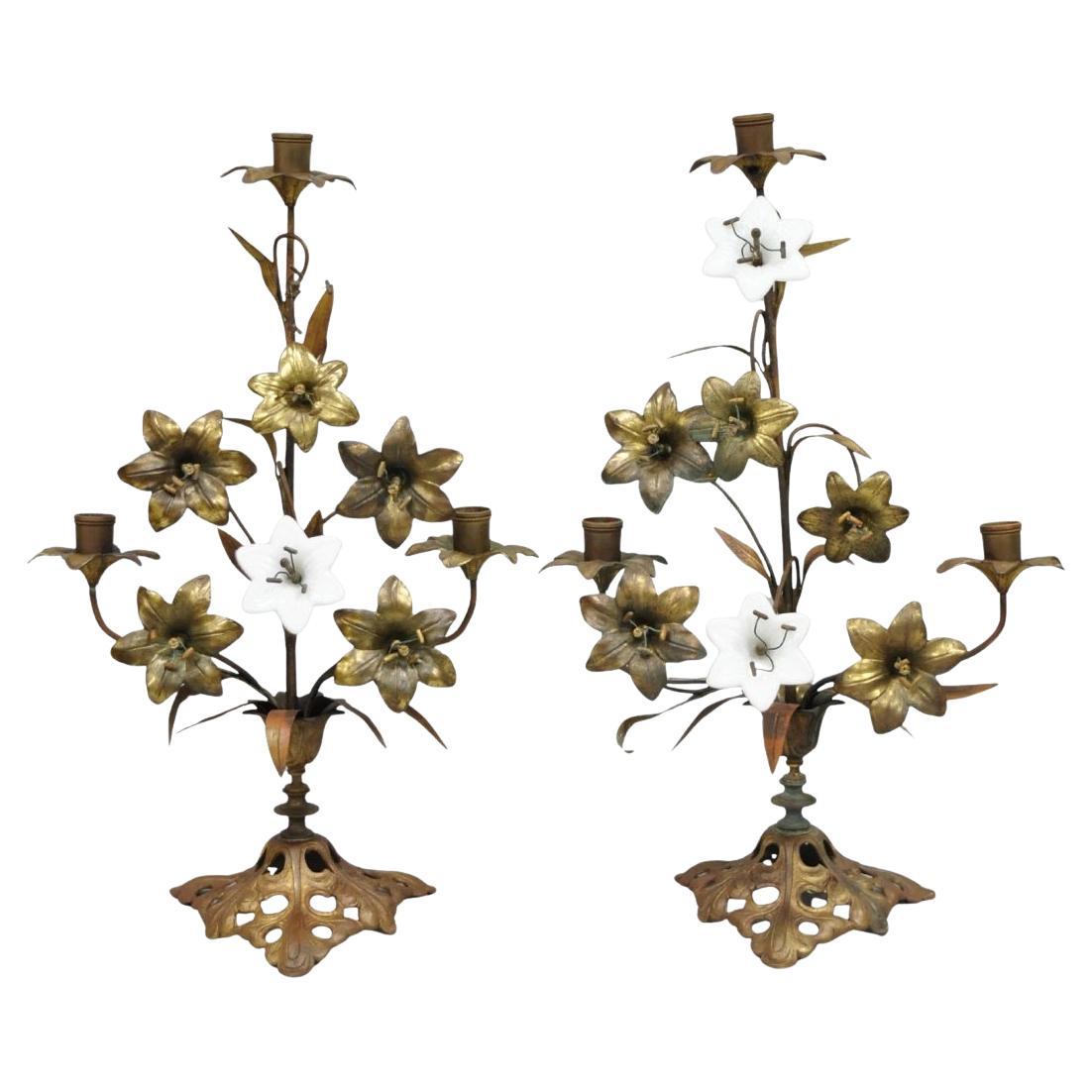 Antique French Baroque Gold Gilt Bronce Altar Iglesia Candelabro Pareja