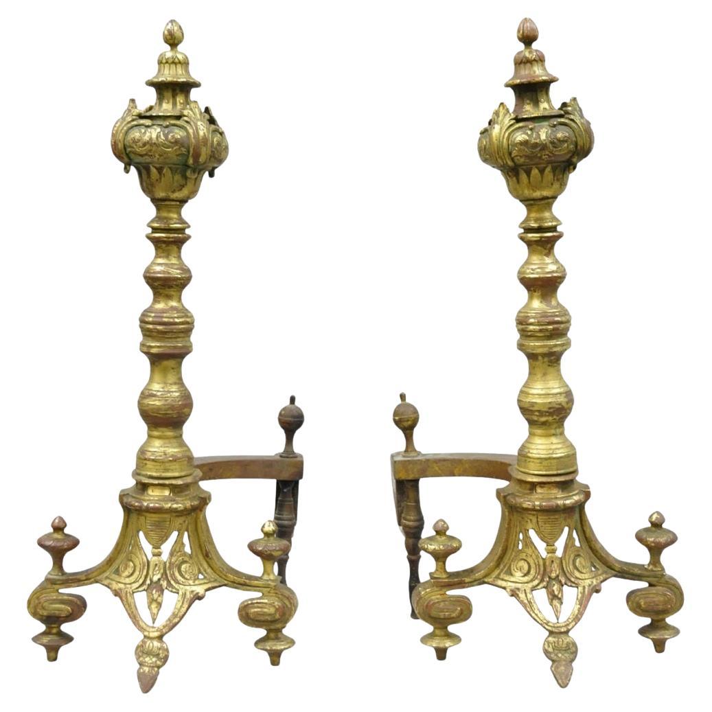 Antique French Baroque Louis XV Style Bronze Brass Andirons with Patina - a Pair