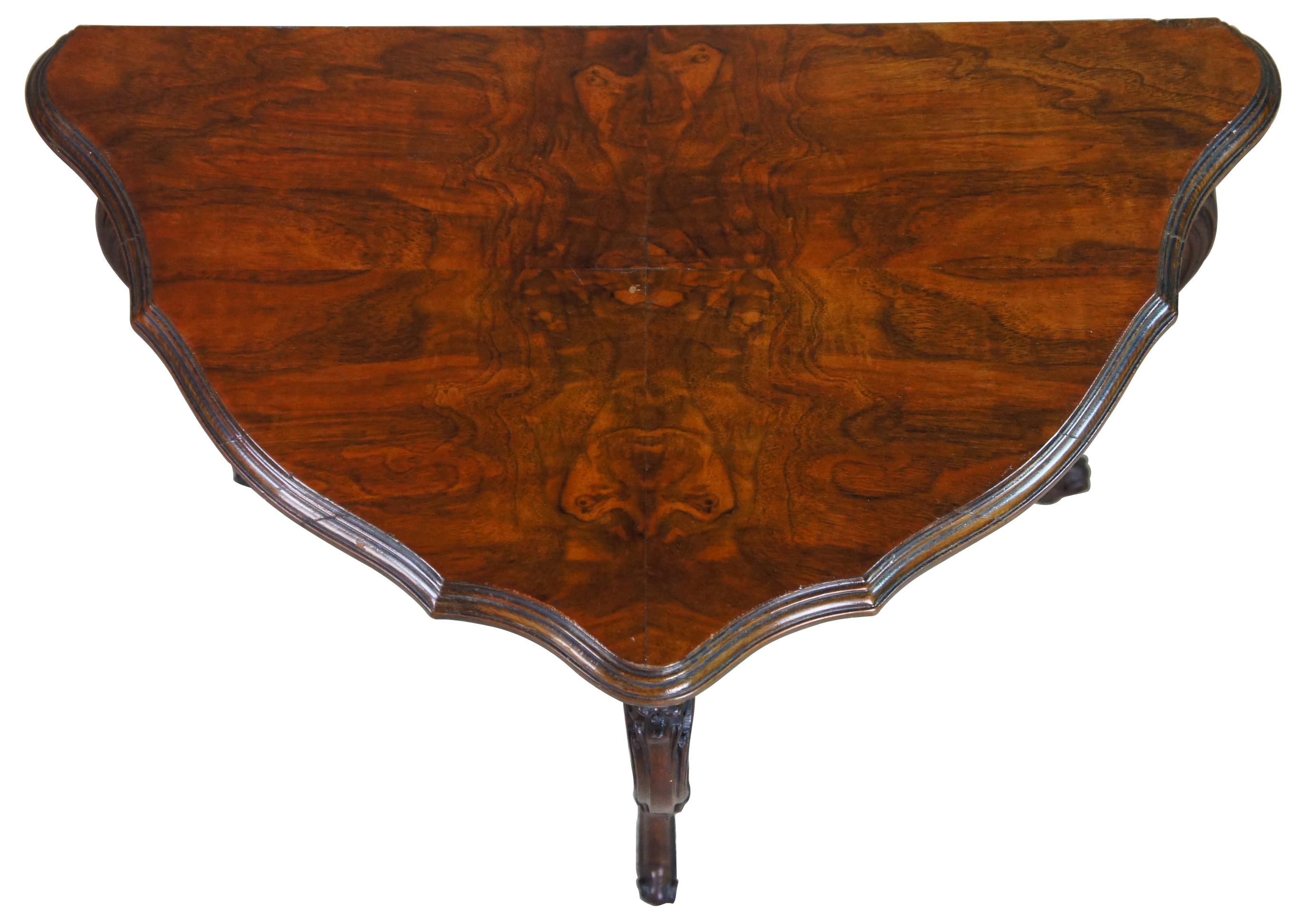 Antique French Baroque Rococo Carved Demilune Walnut Burl Console Hall Table In Good Condition In Dayton, OH