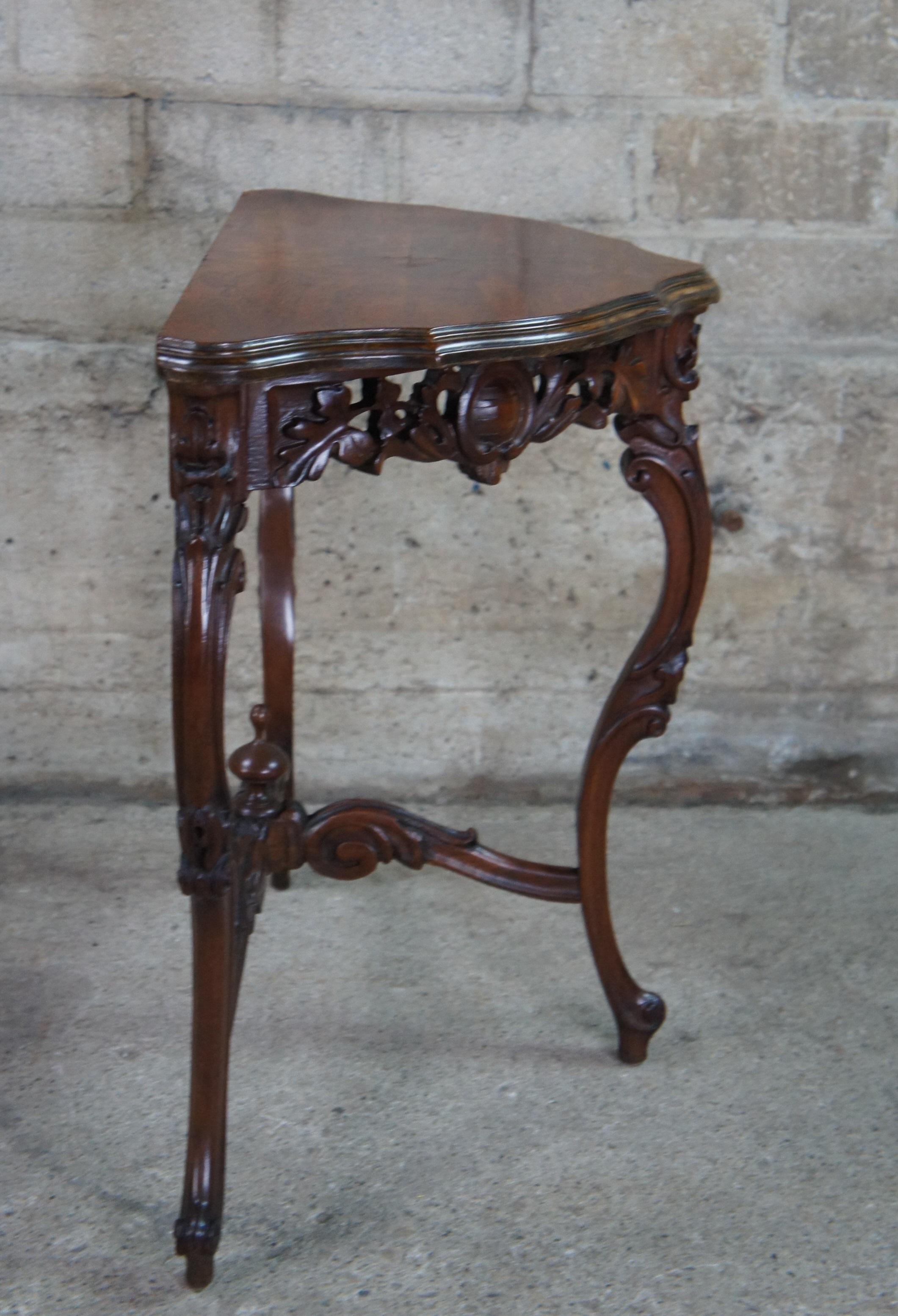 19th Century Antique French Baroque Rococo Carved Demilune Walnut Burl Console Hall Table