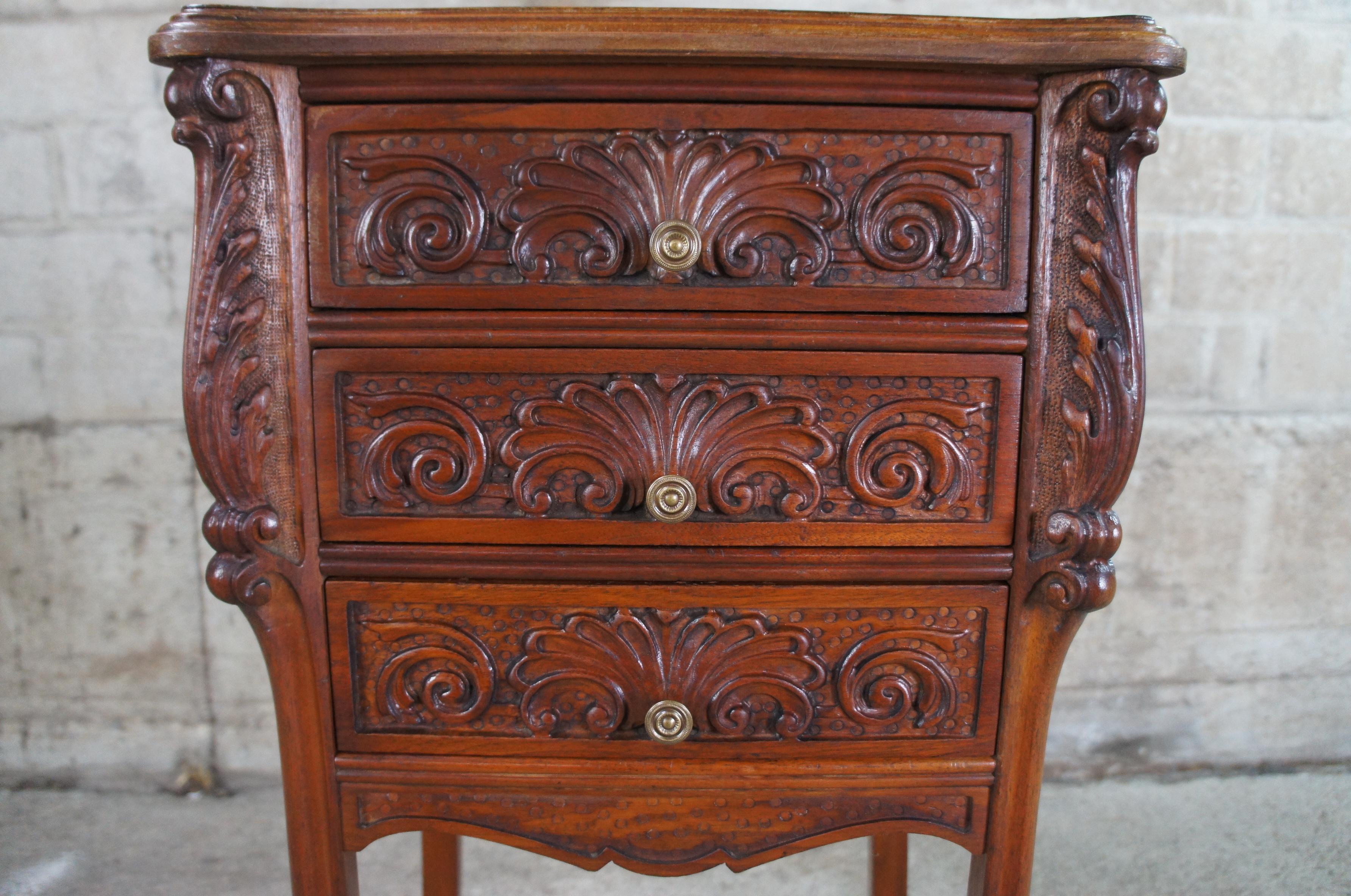 Antique French Baroque Rococo Carved Walnut 3 Drawer Side Table Nightstand 6