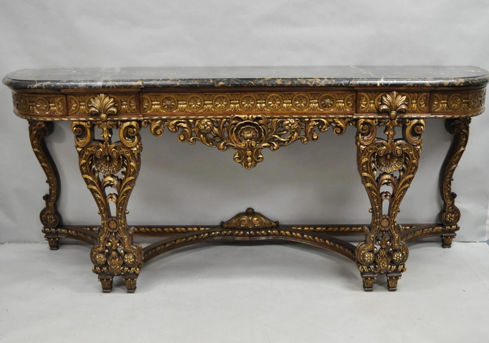 Antique French Baroque Rococo Carved Walnut Marble Top Sideboard Buffet w Drawer im Angebot 5