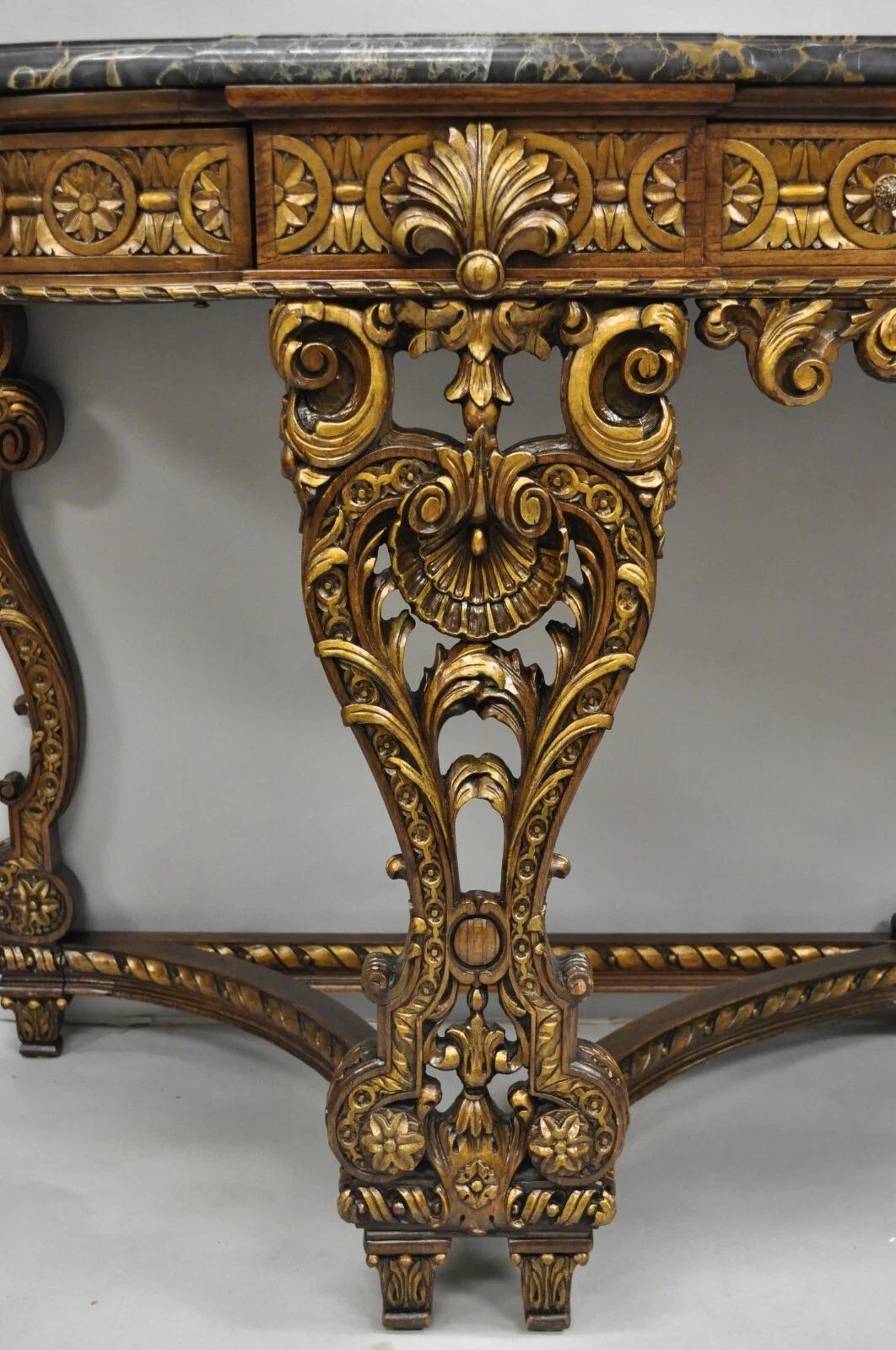 Antique French Baroque Rococo Carved Walnut Marble Top Sideboard Buffet w Drawer (Barock) im Angebot