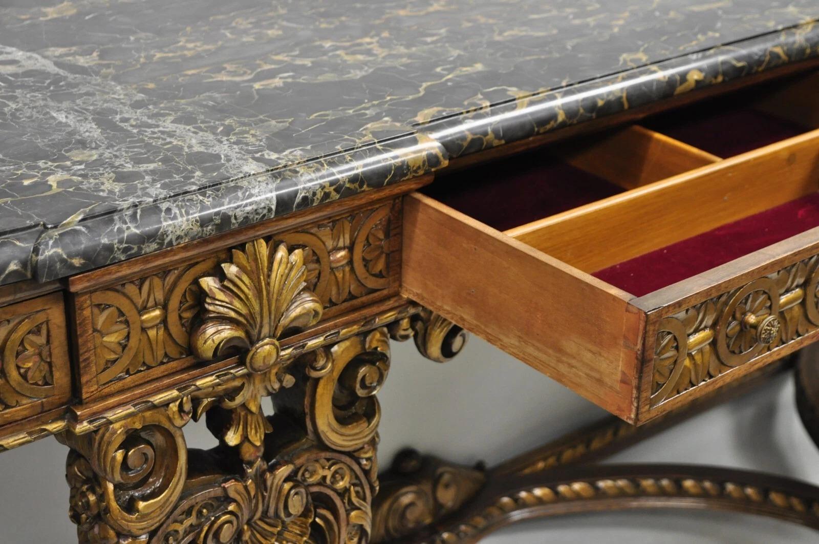 Antique French Baroque Rococo Carved Walnut Marble Top Sideboard Buffet w Drawer (20. Jahrhundert) im Angebot