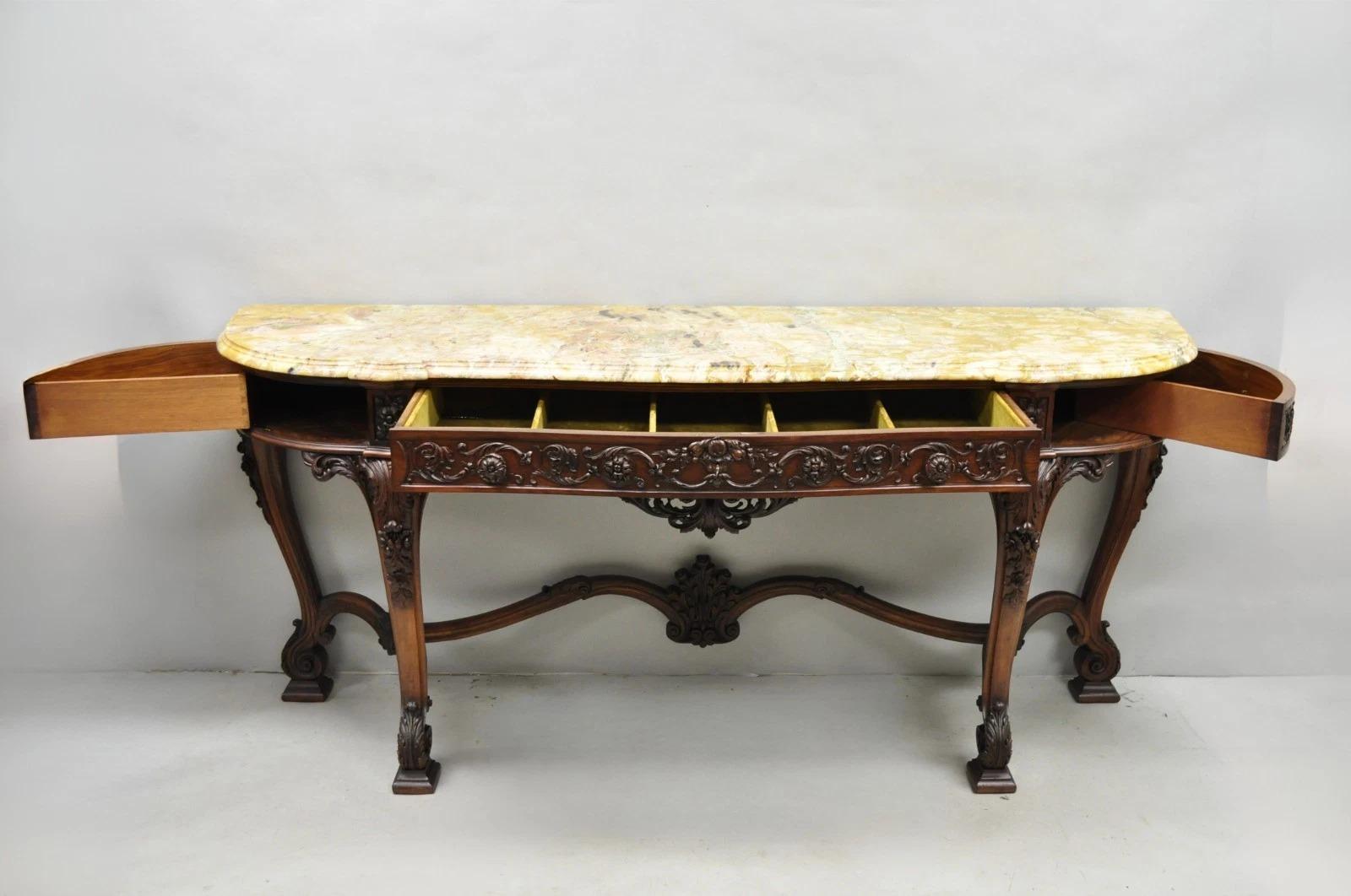 Marmo Antique French Baroque Rococo Carved Walnut Marble Top Sideboard Buffet w Drawer in vendita