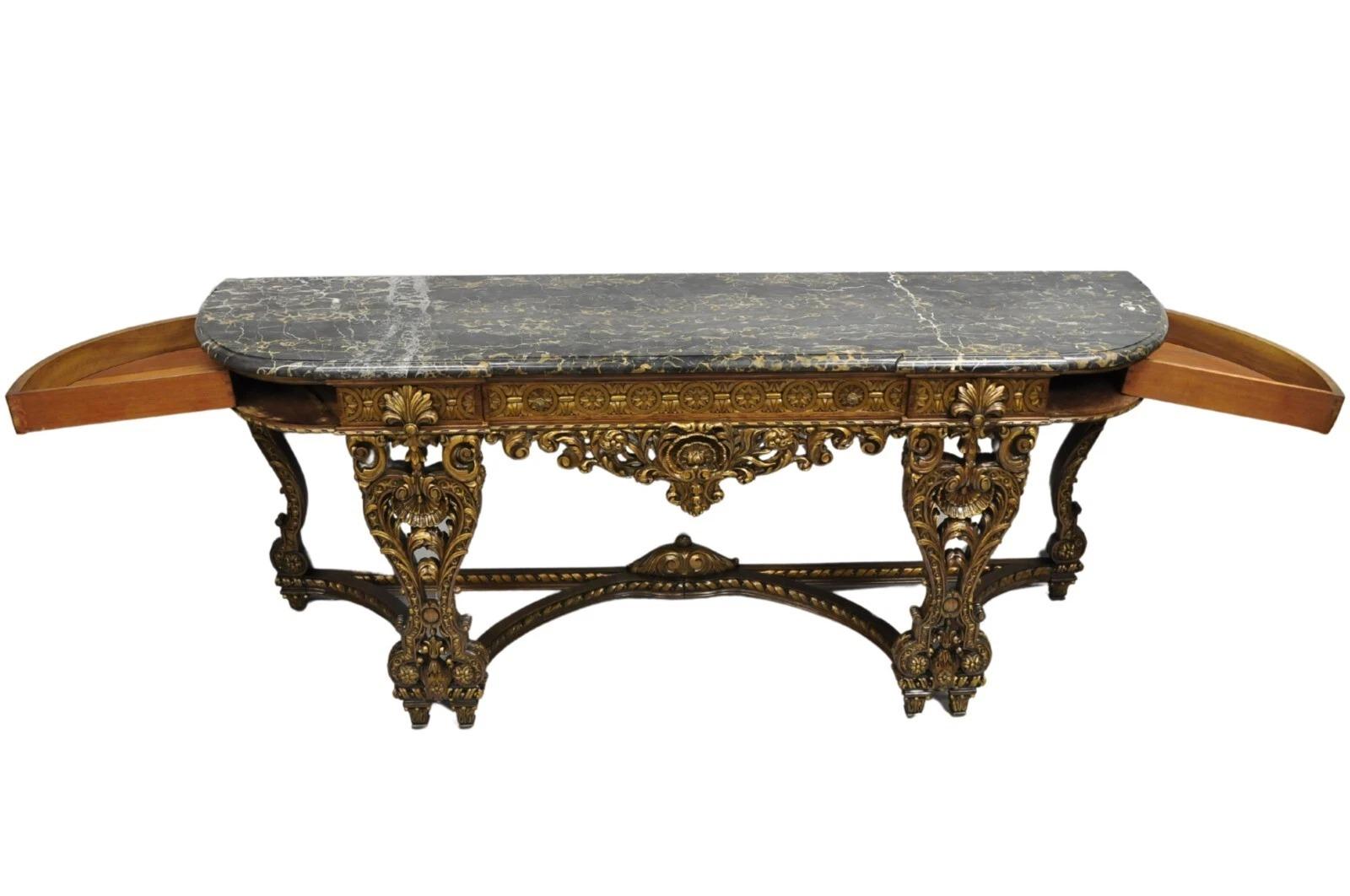 Antique French Baroque Rococo Carved Walnut Marble Top Sideboard Buffet w Drawer (Marmor) im Angebot