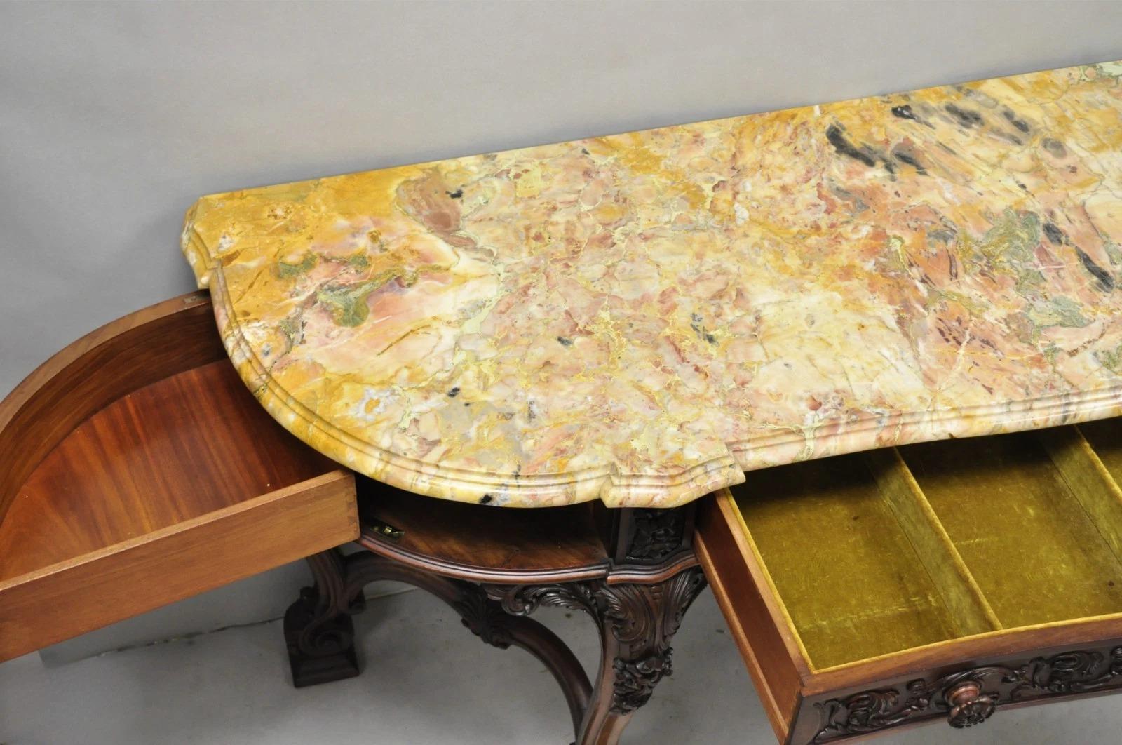Antique French Baroque Rococo Carved Walnut Marble Top Sideboard Buffet w Drawer in vendita 1