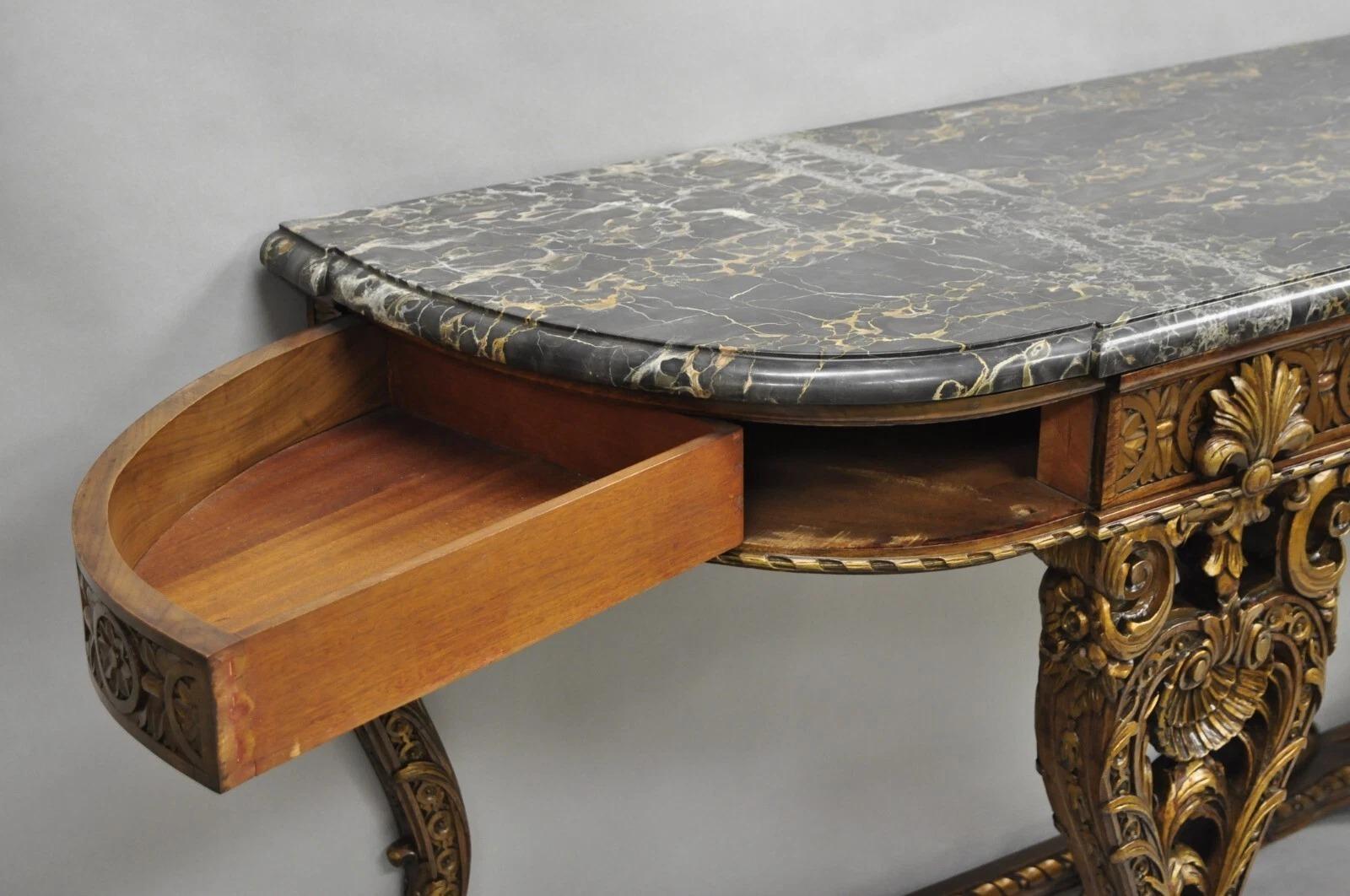 Antique French Baroque Rococo Carved Walnut Marble Top Sideboard Buffet w Drawer im Angebot 1