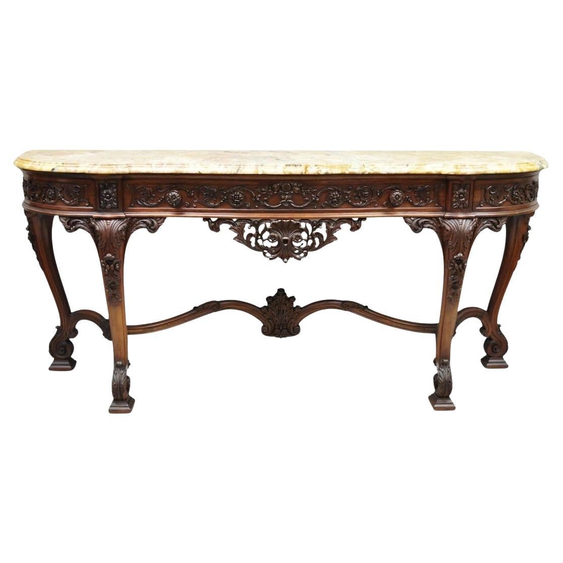 Antique French Baroque Rococo Carved Walnut Marble Top Sideboard Buffet w Drawer
