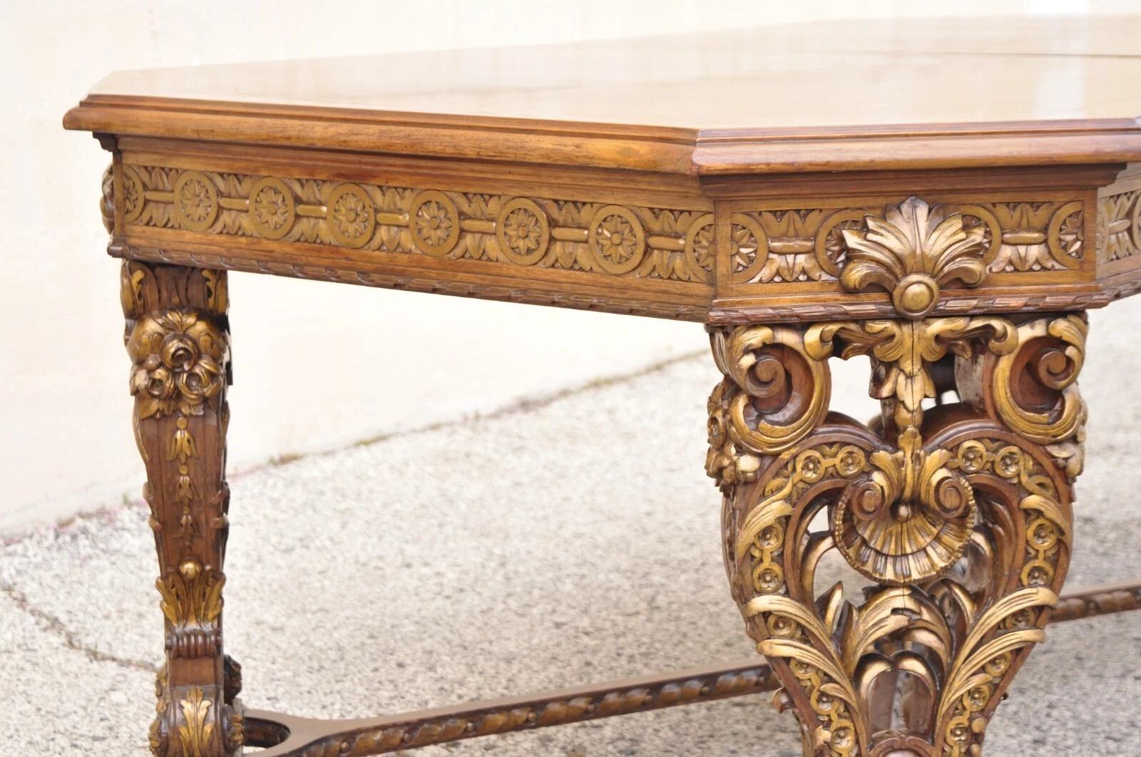 Antique French Baroque Rococo Revival Carved Walnut Dining Table w/ 2 Leaves For Sale 7