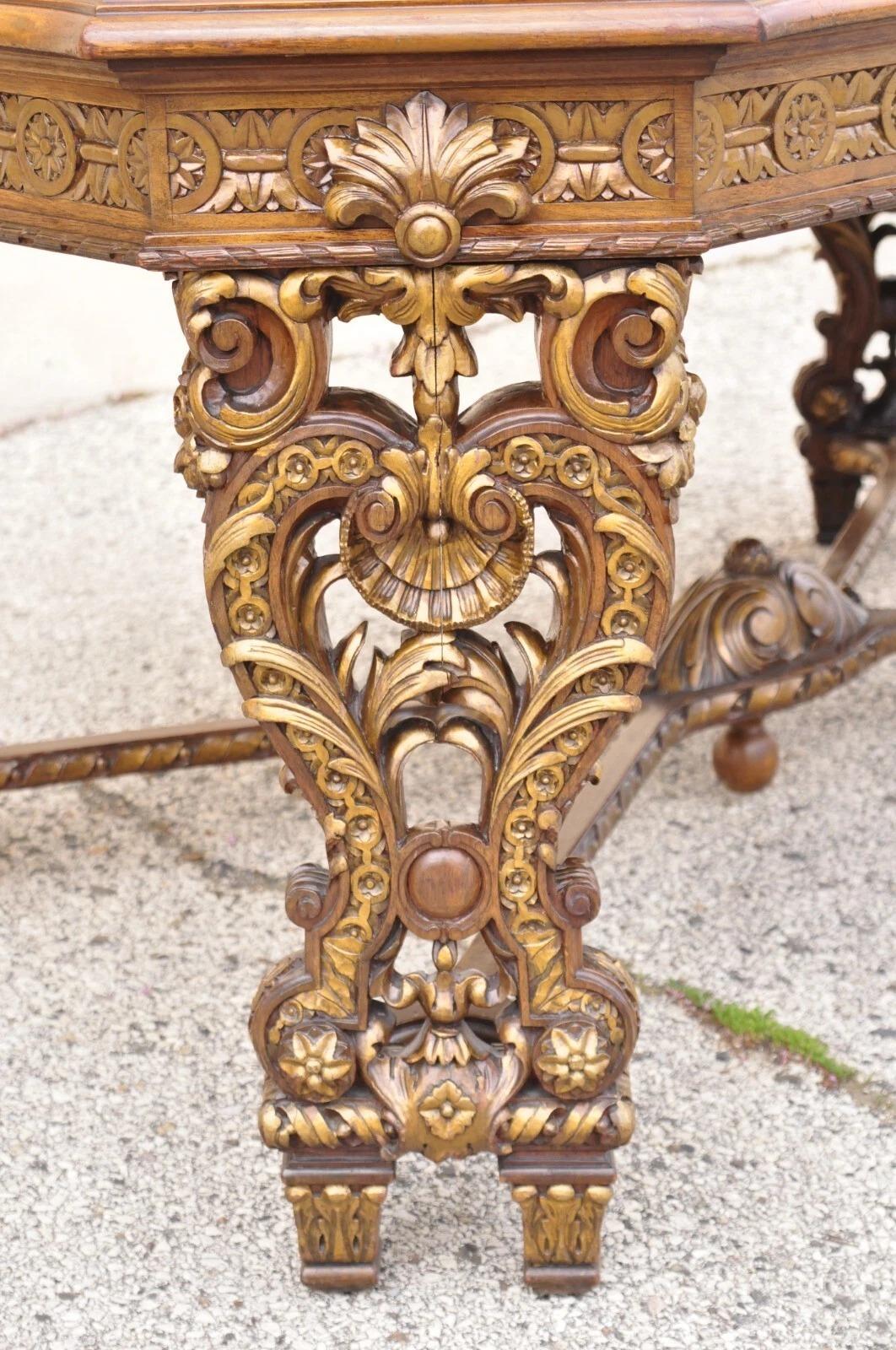 Unknown Antique French Baroque Rococo Revival Carved Walnut Dining Table w/ 2 Leaves For Sale