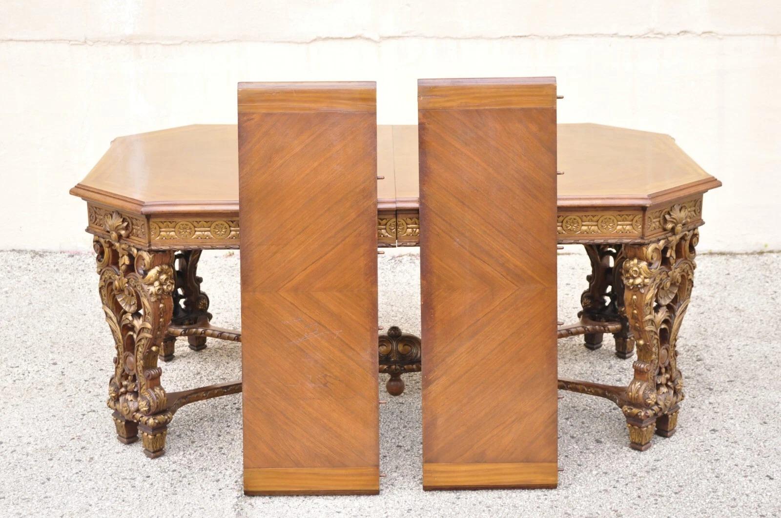 Antique French Baroque Rococo Revival Carved Walnut Dining Table w/ 2 Leaves For Sale 3