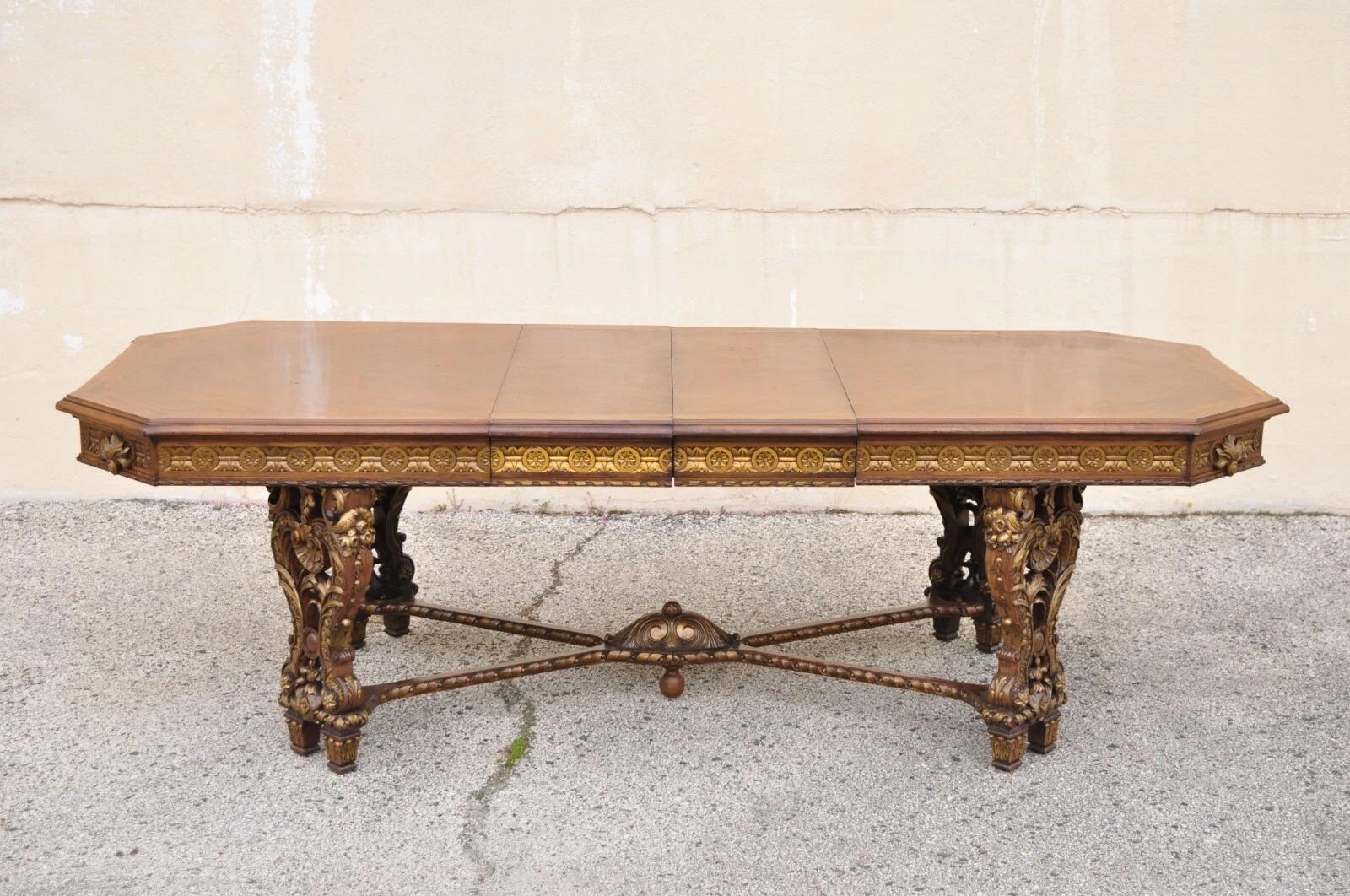 Antique French Baroque Rococo Revival Carved Walnut Dining Table w/ 2 Leaves For Sale 4