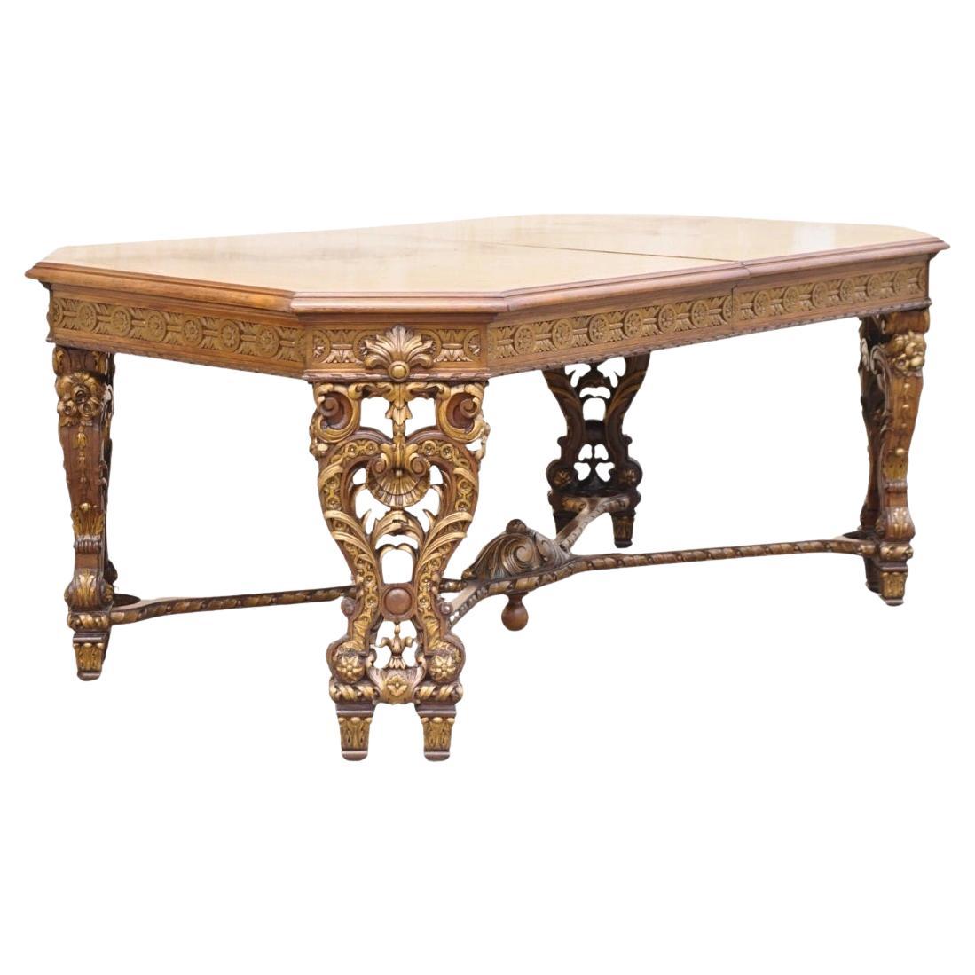 Antique French Baroque Rococo Revival Carved Walnut Dining Table w/ 2 Leaves For Sale