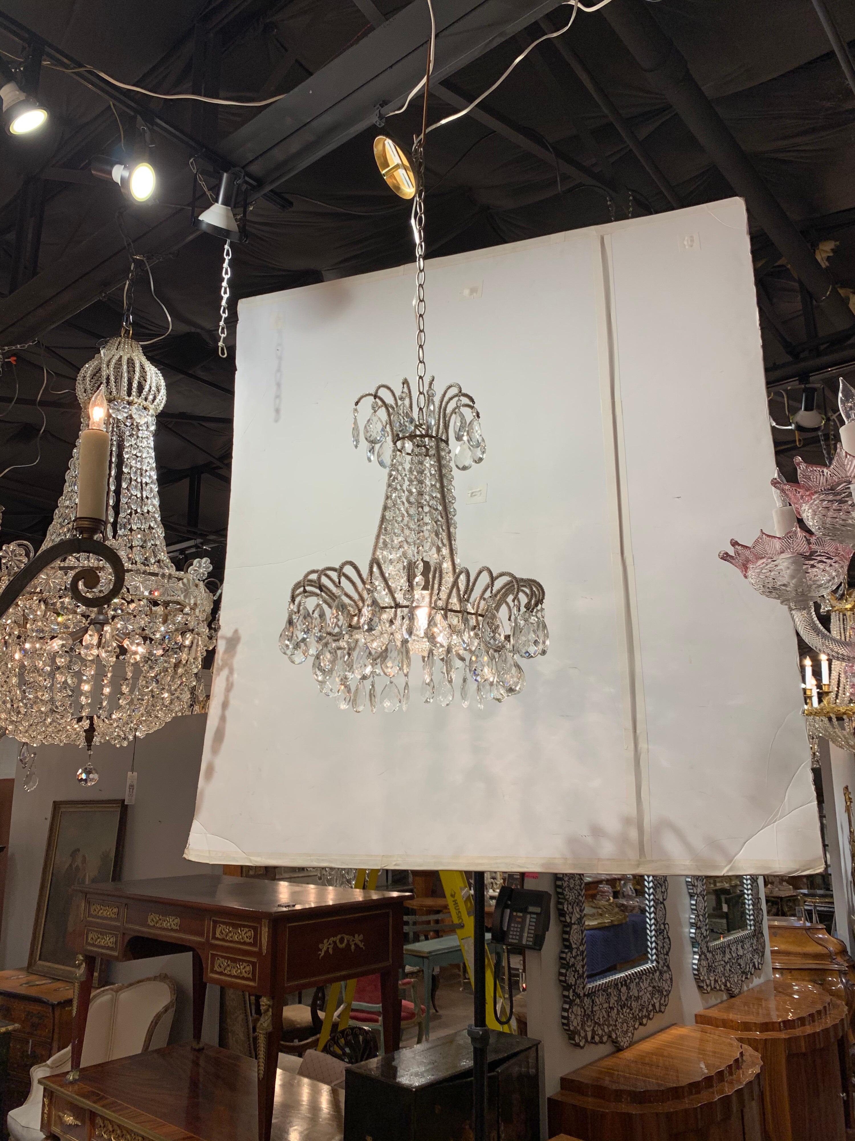 Lovely antique French beaded crystal chandelier with 1 light. Very elegant for a smaller space.