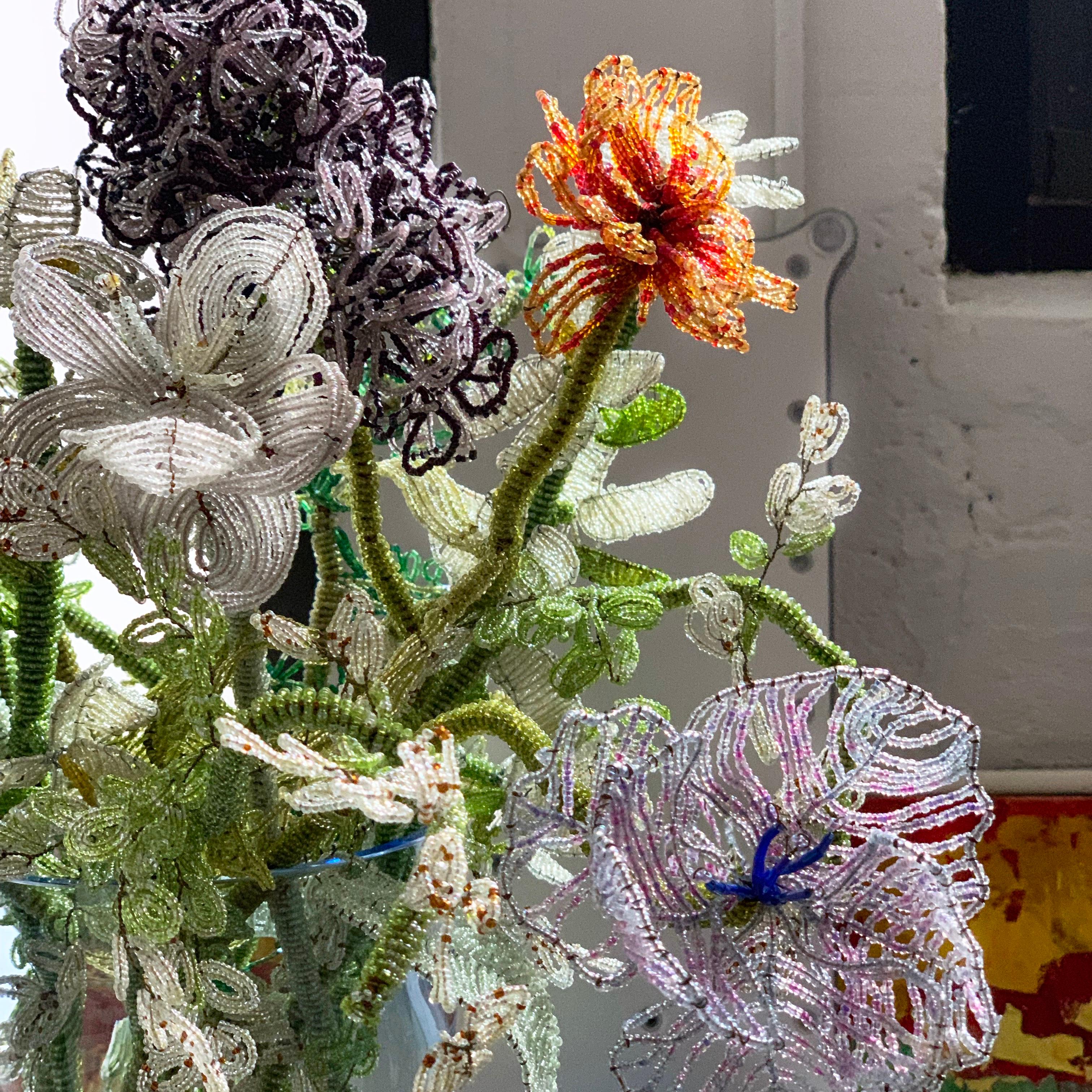 Antique French Beaded Crystal Flower Bouquet, Midcentury Swedish Glass