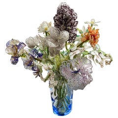 Antique French Beaded Crystal Flower Bouquet, Midcentury Swedish Glass Vase